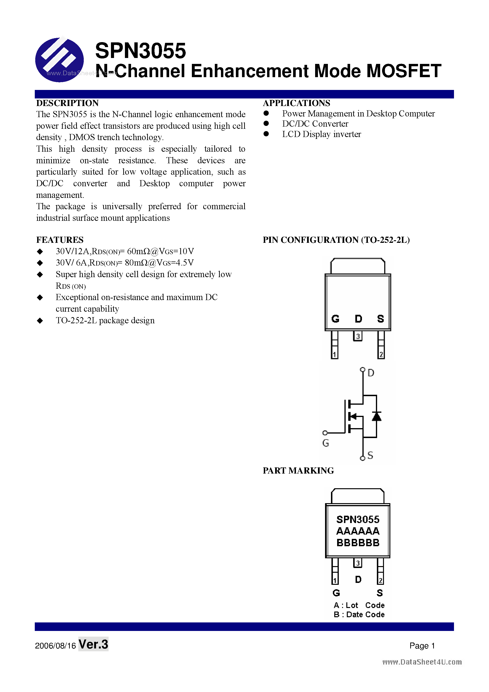 Datasheet SPN3055 - N-Channel Enhancement Mode MOSFET page 1