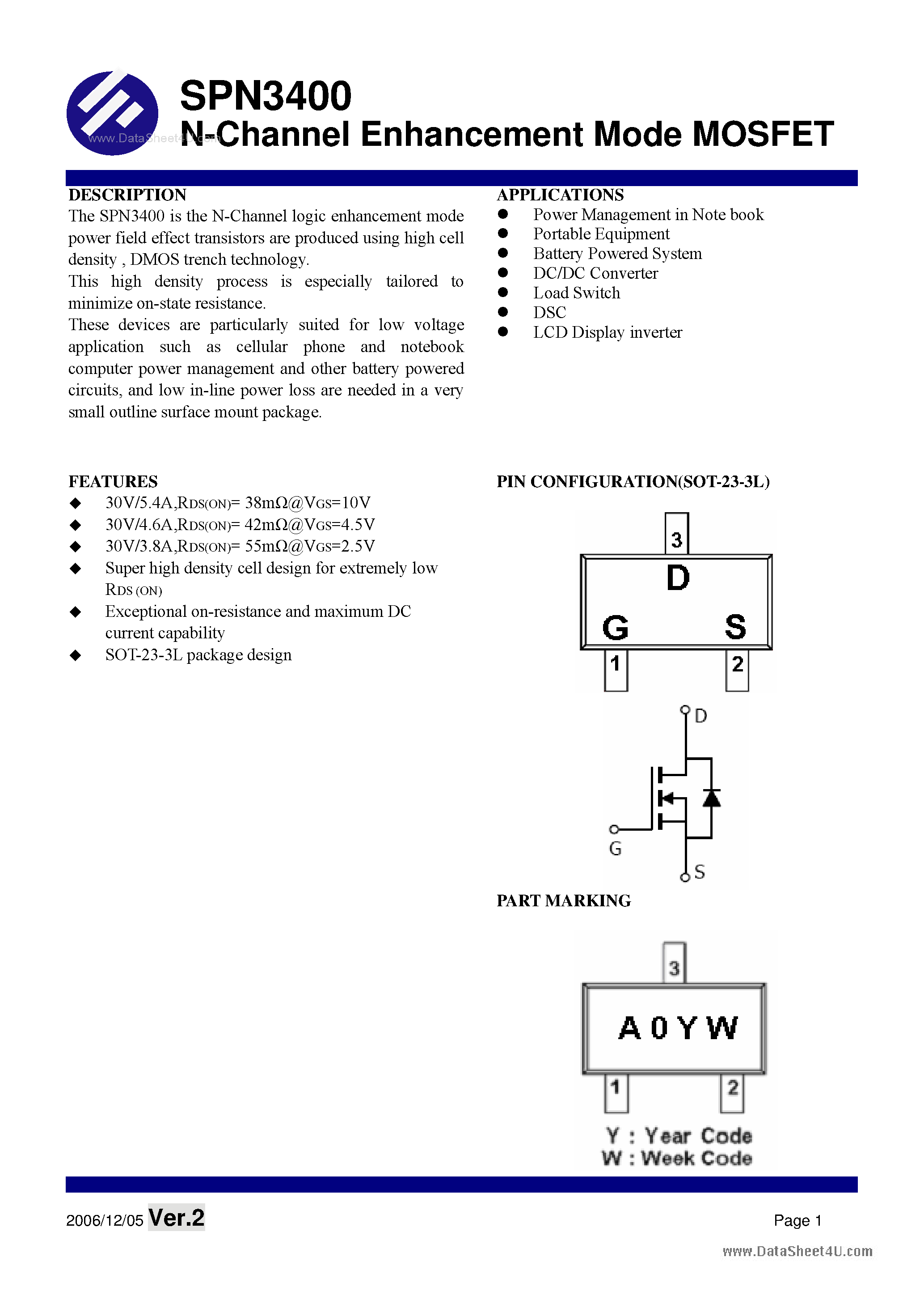 Datasheet SPN3400 - N-Channel Enhancement Mode MOSFET page 1