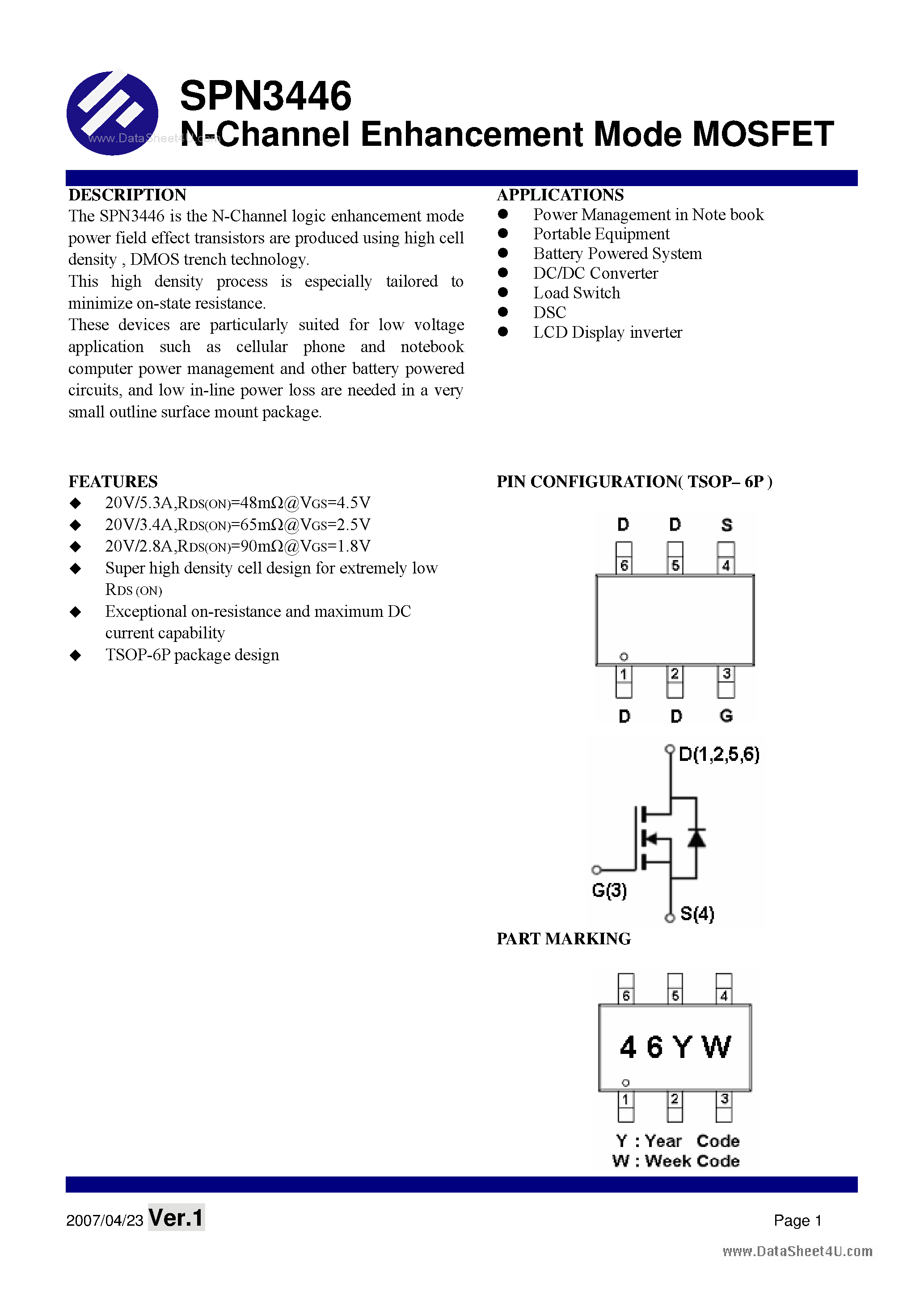 Datasheet SPN3446 - N-Channel Enhancement Mode MOSFET page 1