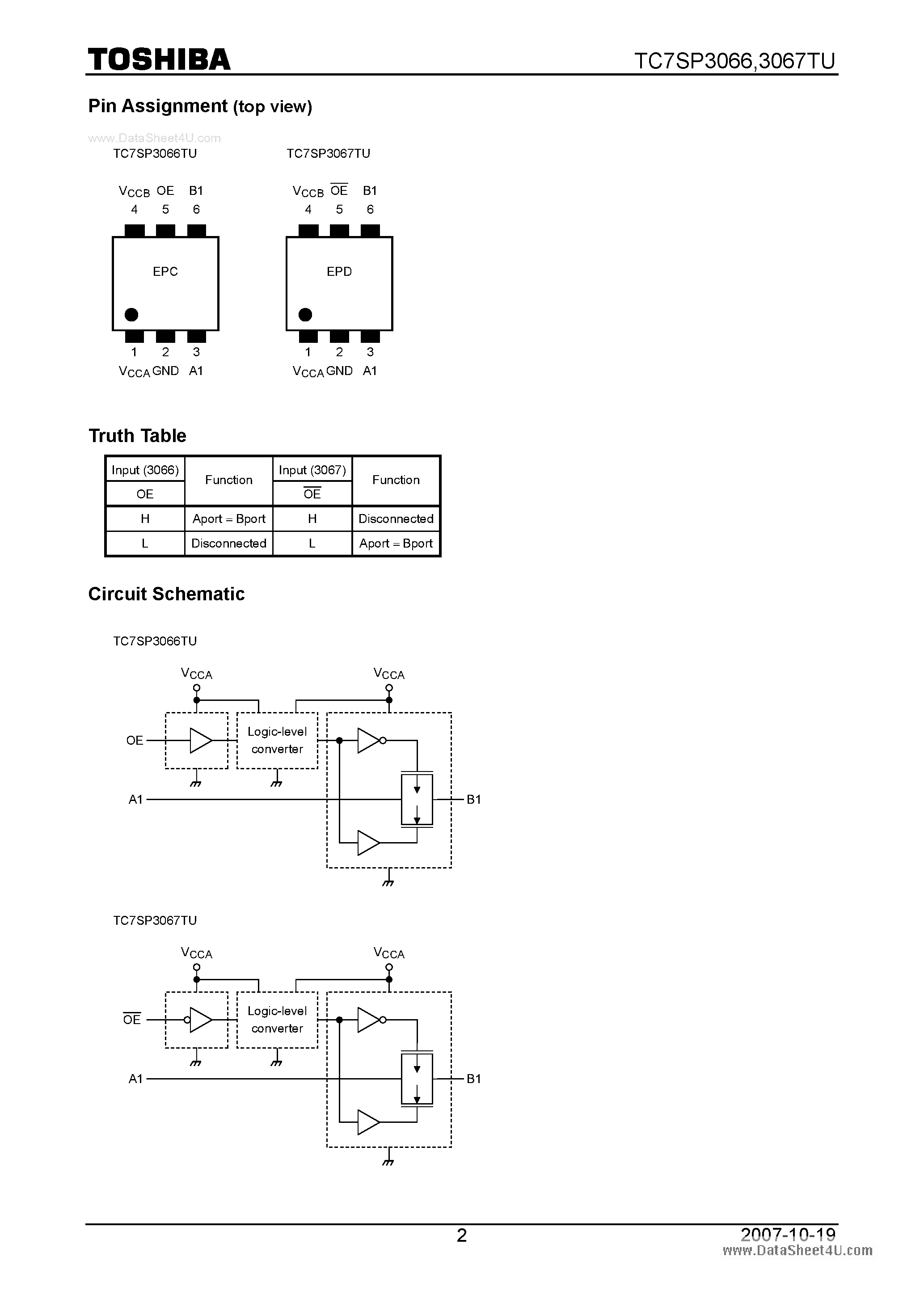 Datasheet TC7SP3066TU page 2 Datasheet TC7SP3066TU - (TC7SP3066TU / TC7SP3067TU) Low Voltage Dual Supply Single Bus Switch page 2