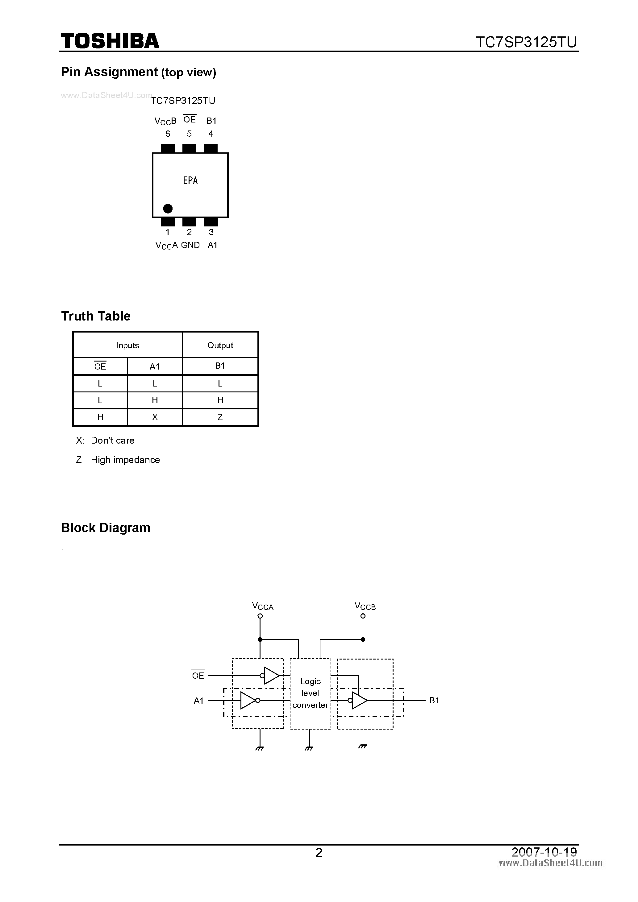 Datasheet TC7SP3125TU - Low Voltage/Low Power 1-Bit Dual Supply Bus Buffer page 2