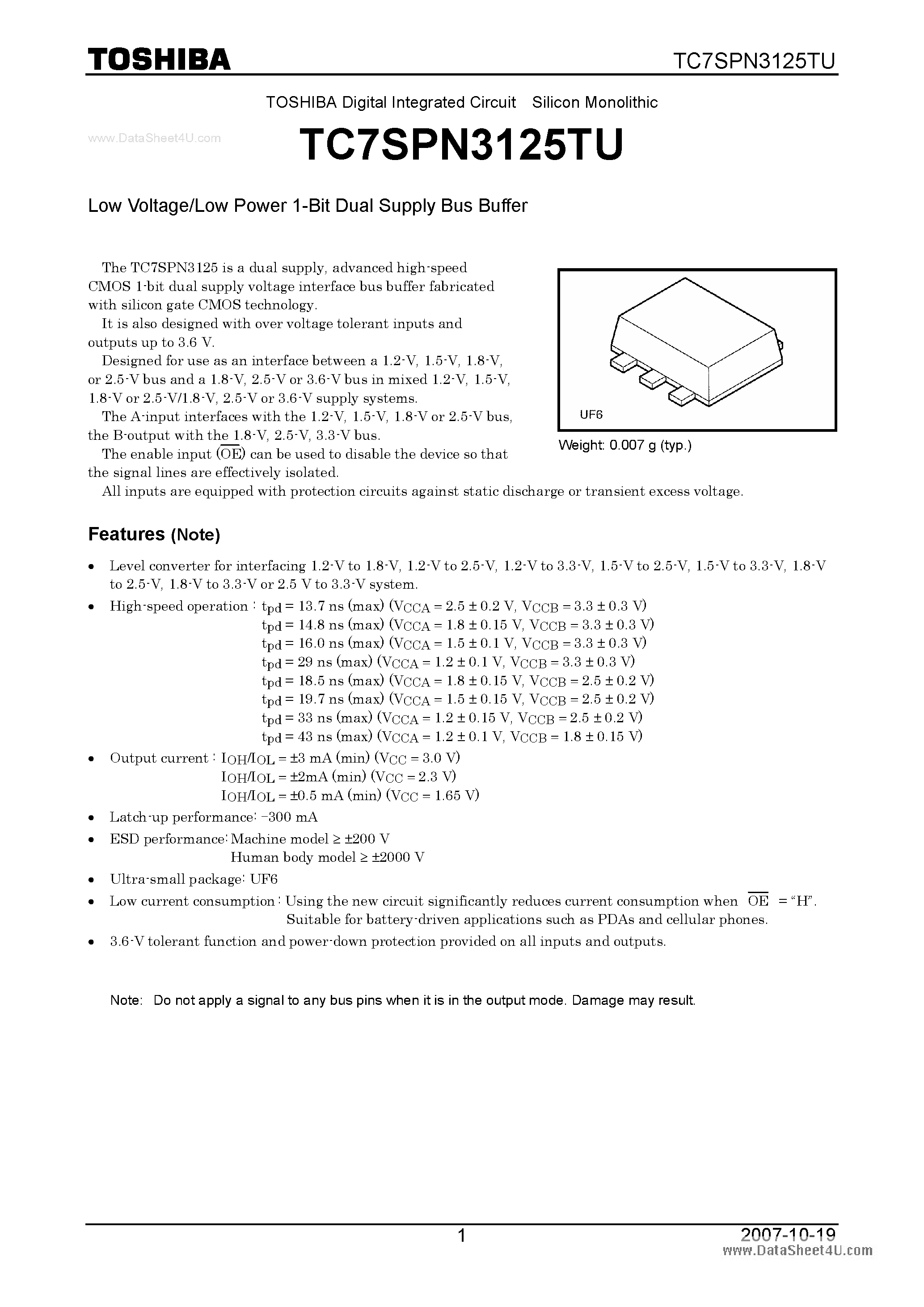 Datasheet TC7SPN3125TU - Low Voltage/Low Power 1-Bit Dual Supply Bus Buffer page 1