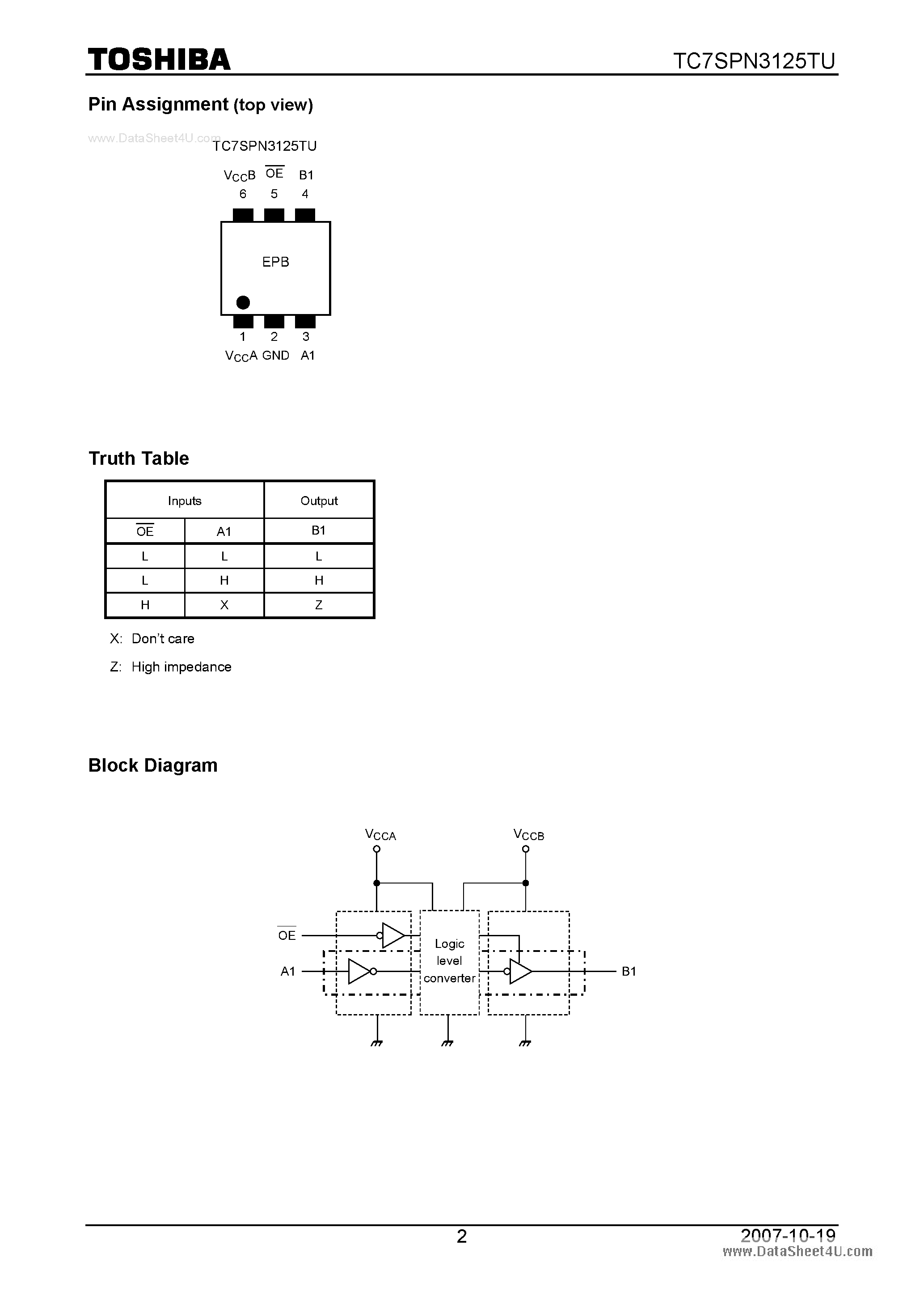 Datasheet TC7SPN3125TU - Low Voltage/Low Power 1-Bit Dual Supply Bus Buffer page 2