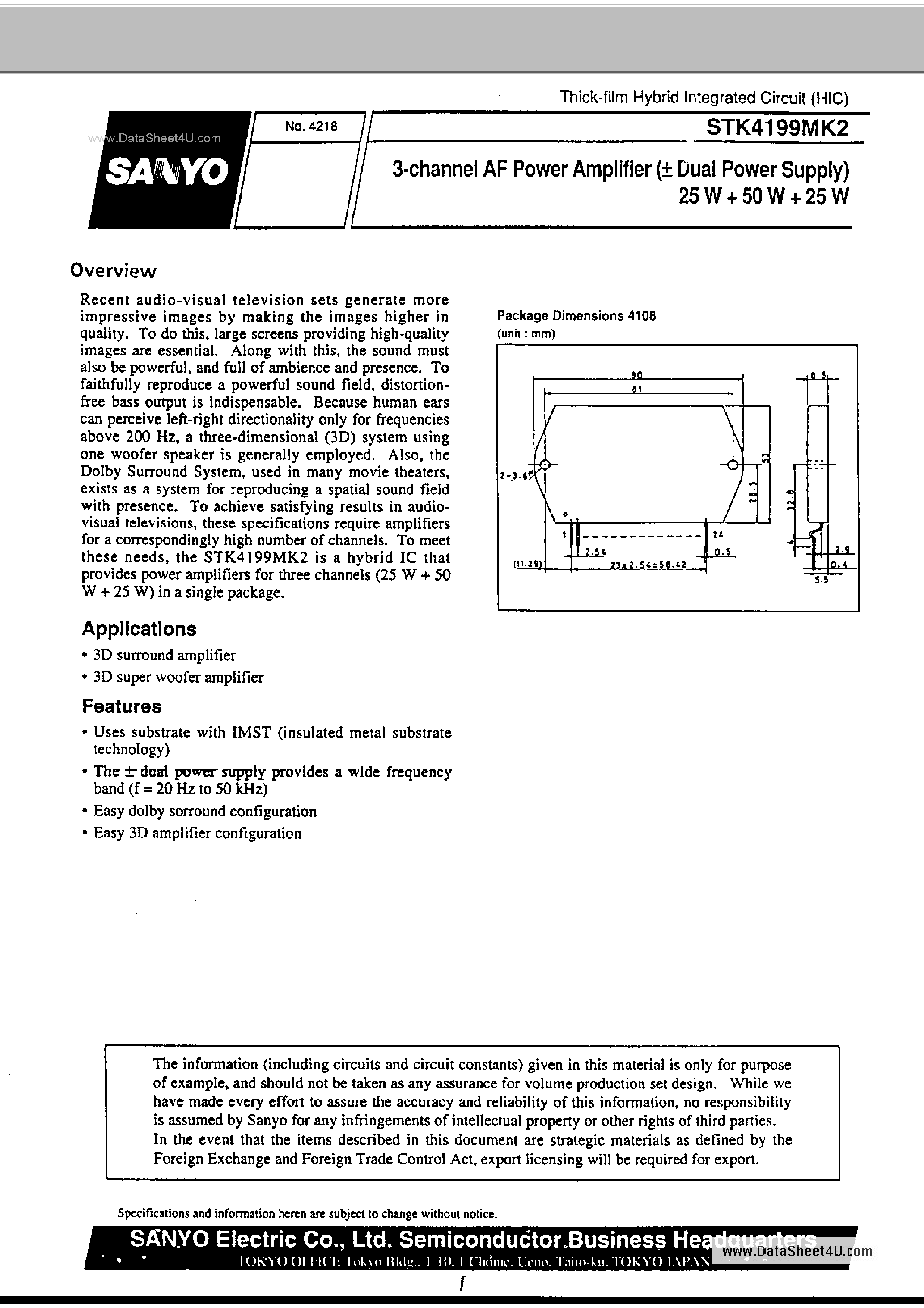 Datasheet STK4199MK2 page 1 Datasheet STK4199MK2 - 3-channel AF Power Amplifier page 1