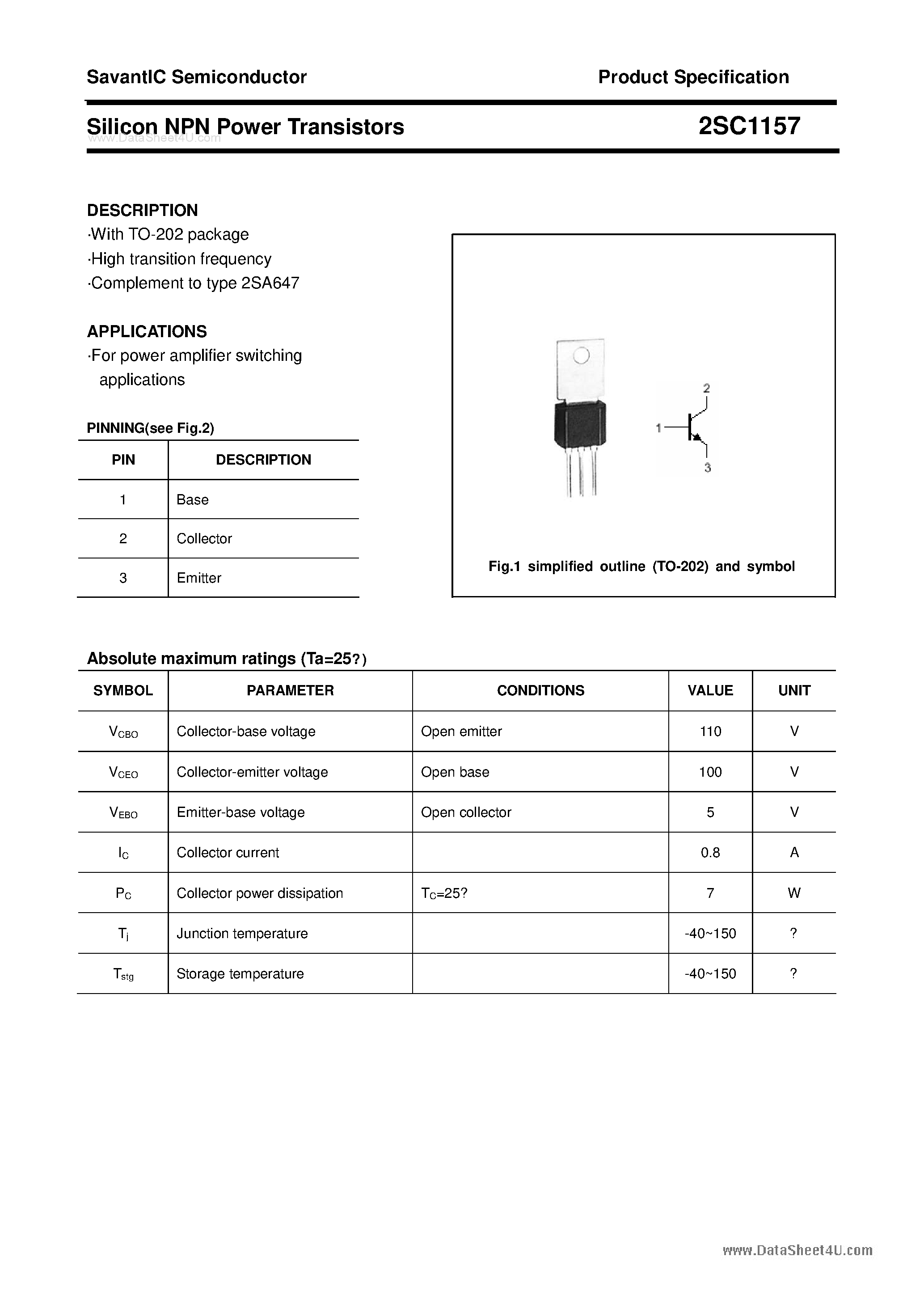 Даташит 2SC1157 - SILICON POWER TRANSISTOR страница 1