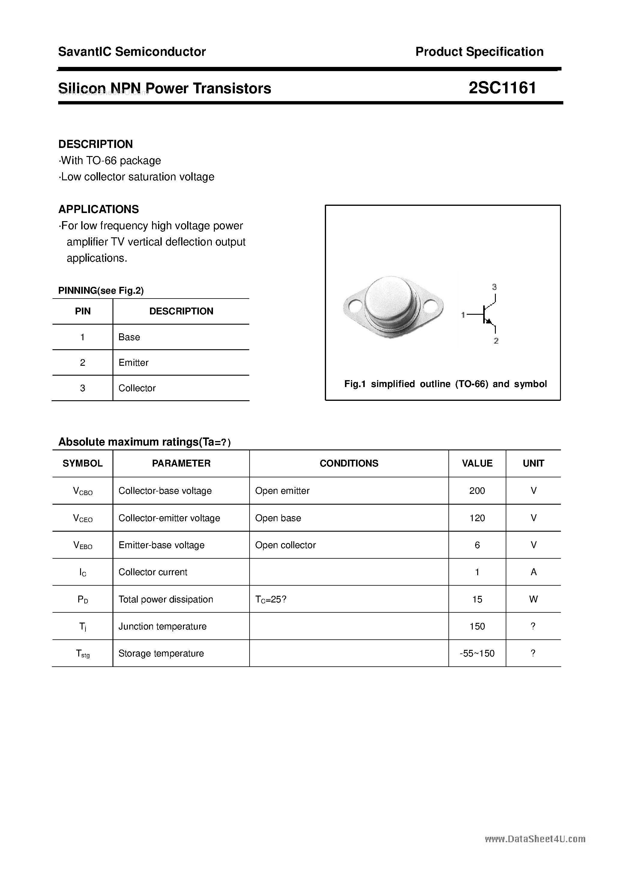 Даташит 2SC1161 - SILICON POWER TRANSISTOR страница 1