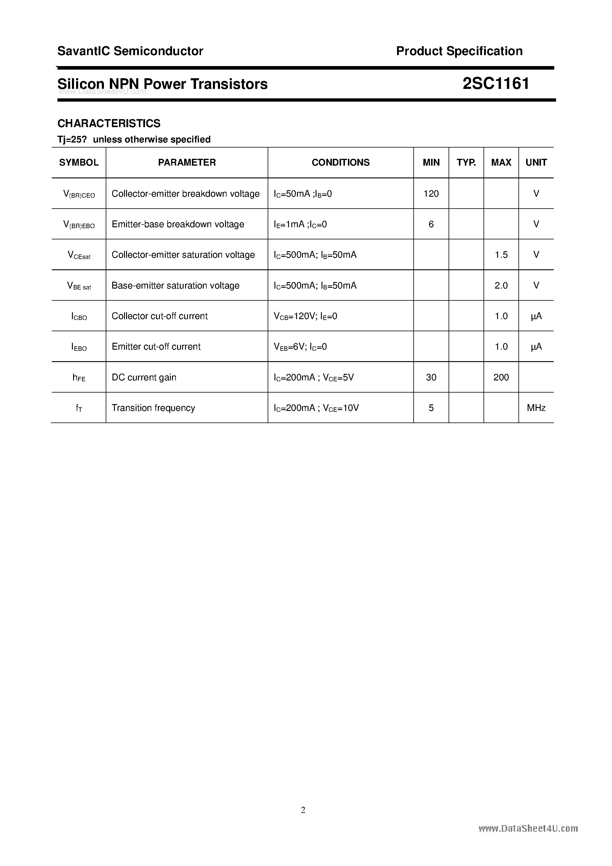 Даташит 2SC1161 - SILICON POWER TRANSISTOR страница 2