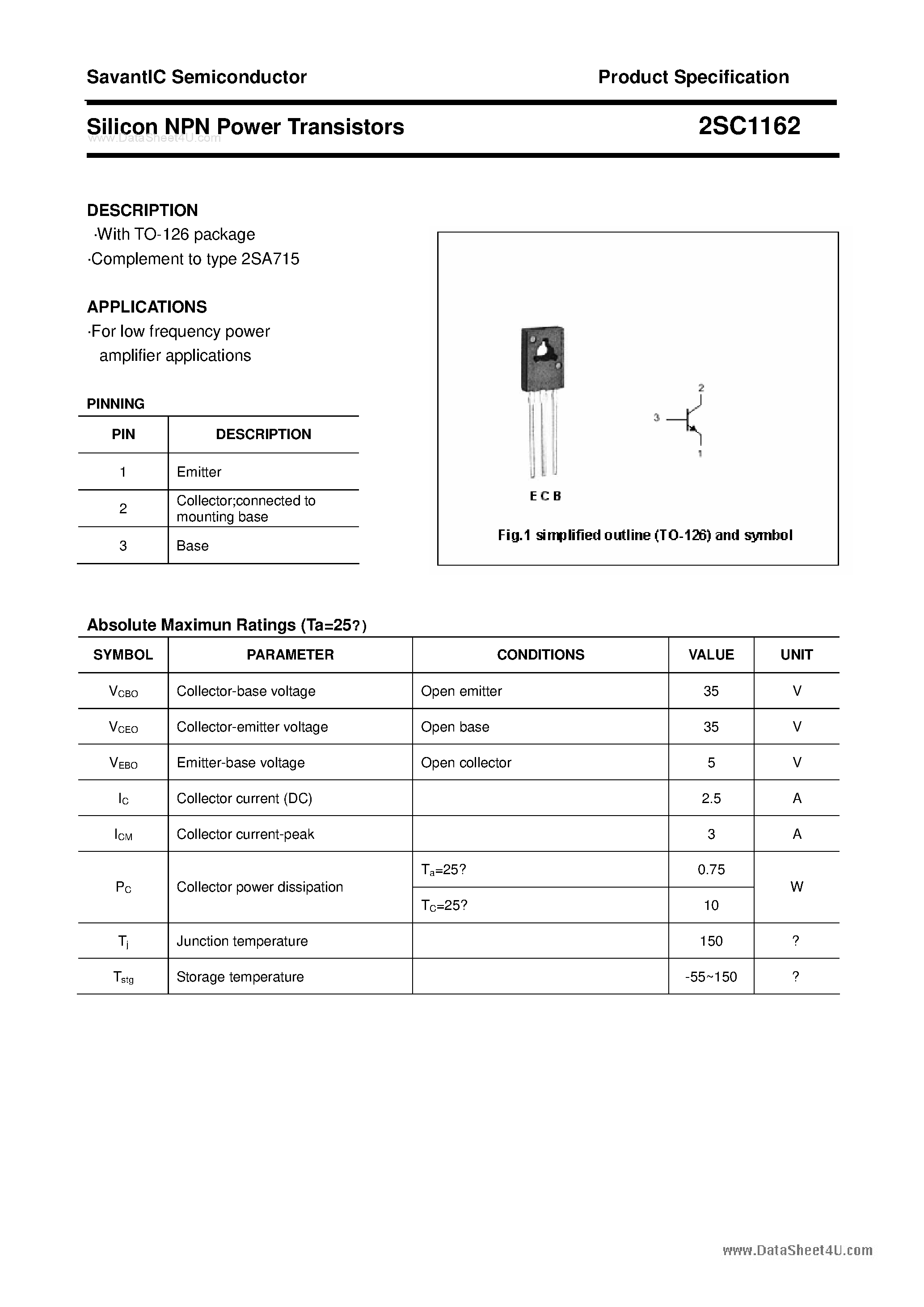 Даташит 2SC1162 - SILICON POWER TRANSISTOR страница 1