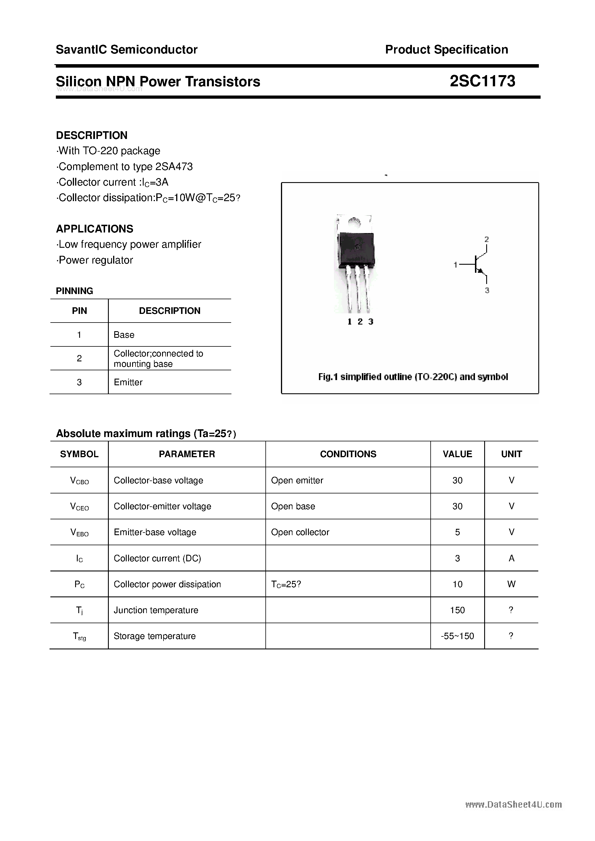 Даташит 2SC1173 - SILICON POWER TRANSISTOR страница 1