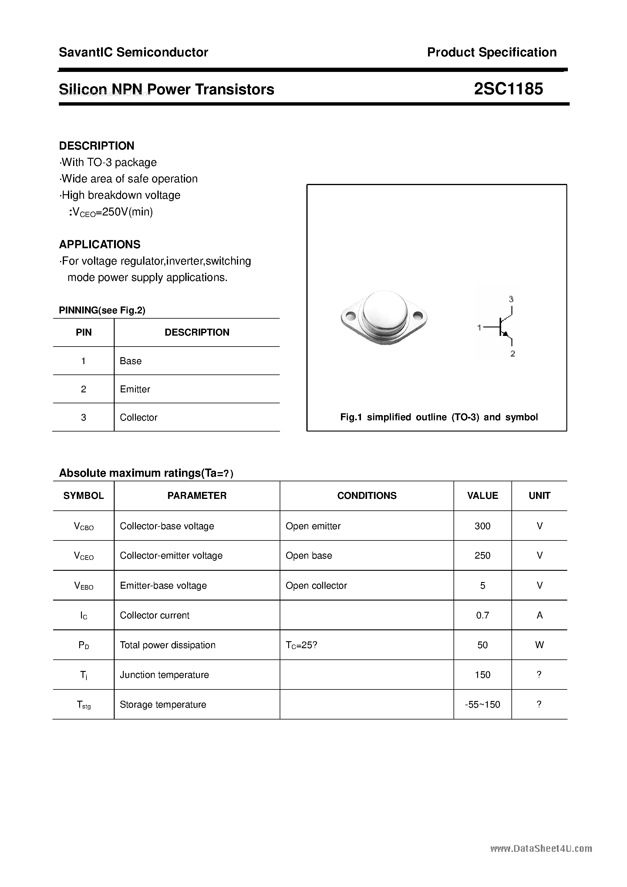 Даташит 2SC1185 - SILICON POWER TRANSISTOR страница 1