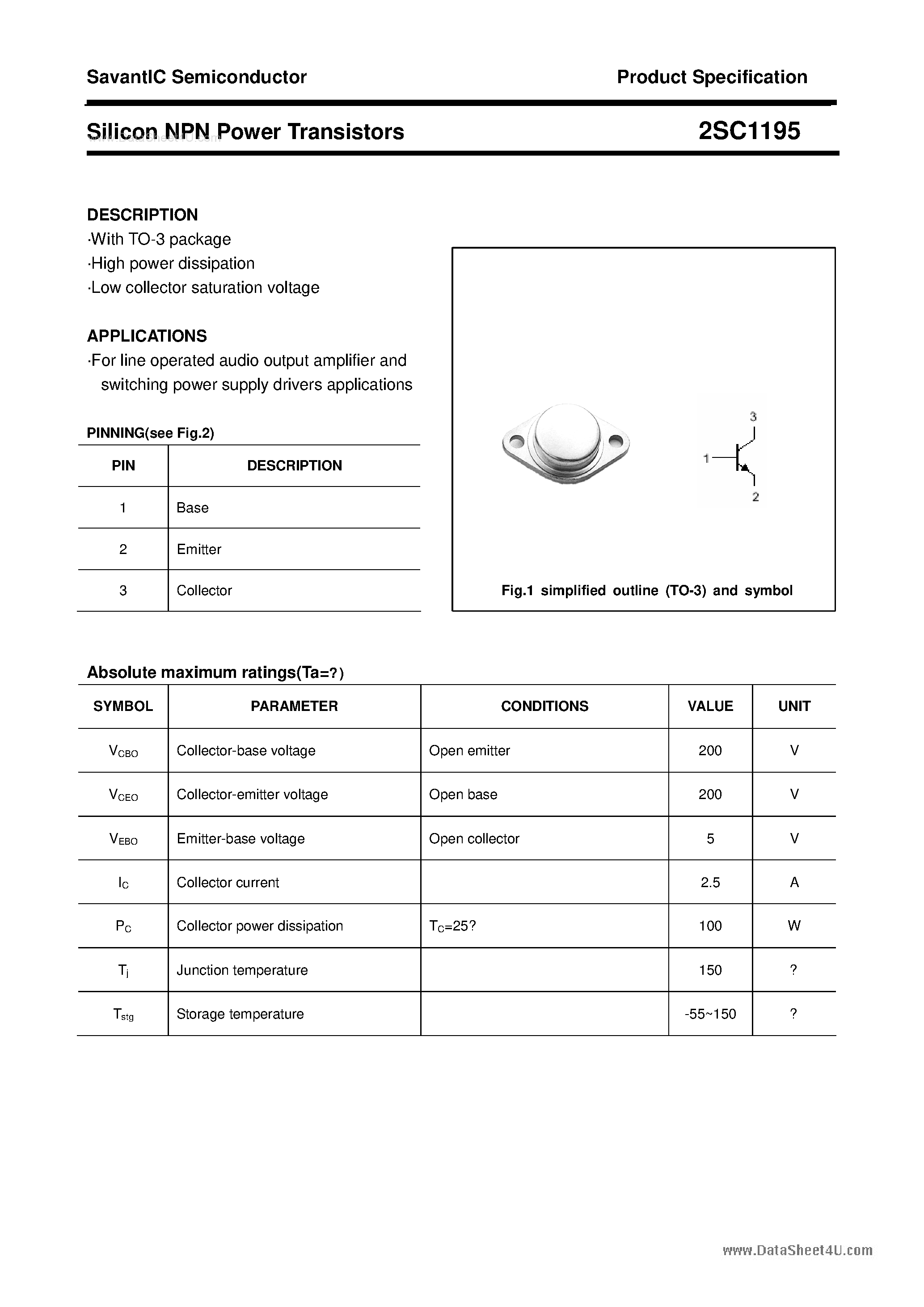 Даташит 2SC1195 - SILICON POWER TRANSISTOR страница 1