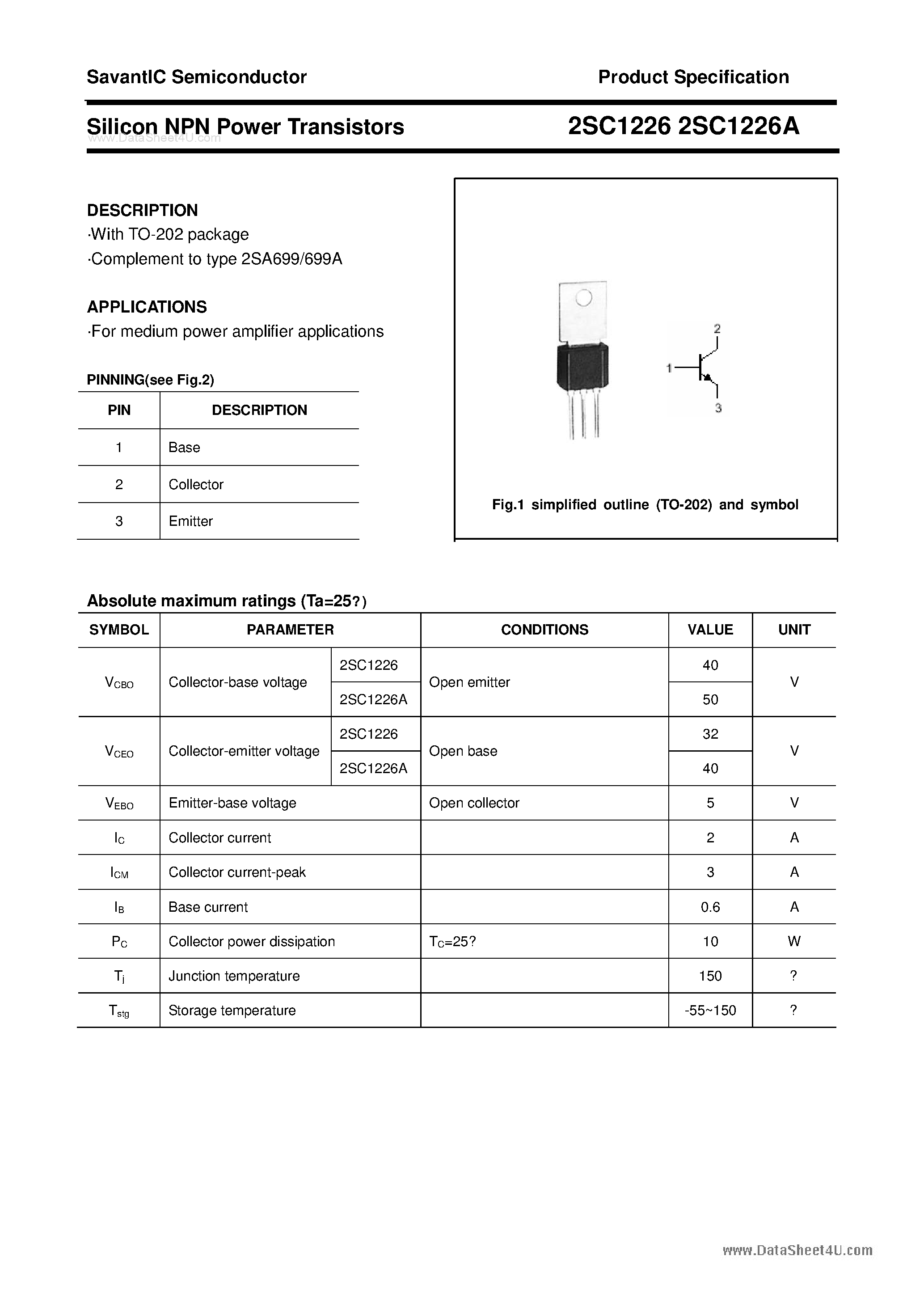 Даташит 2SC1226 - SILICON POWER TRANSISTOR страница 1