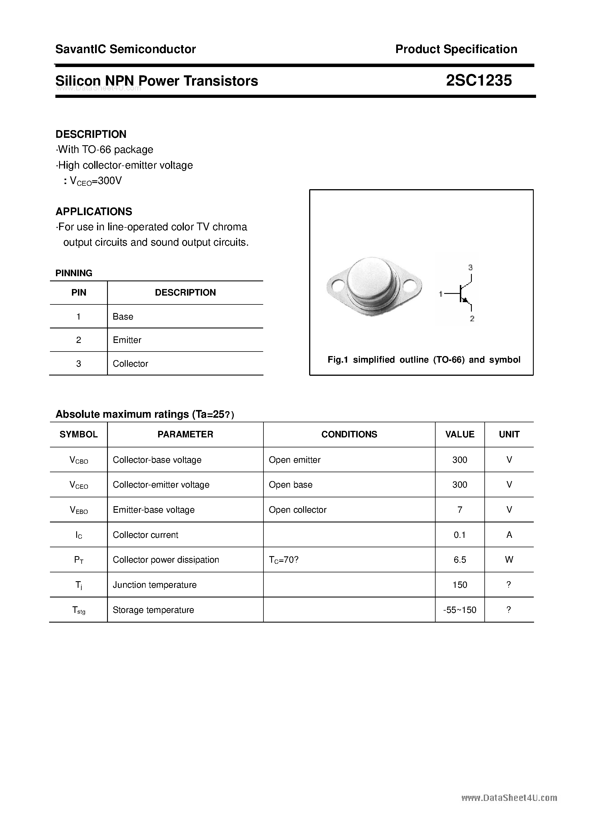 Даташит 2SC1235 - SILICON POWER TRANSISTOR страница 1