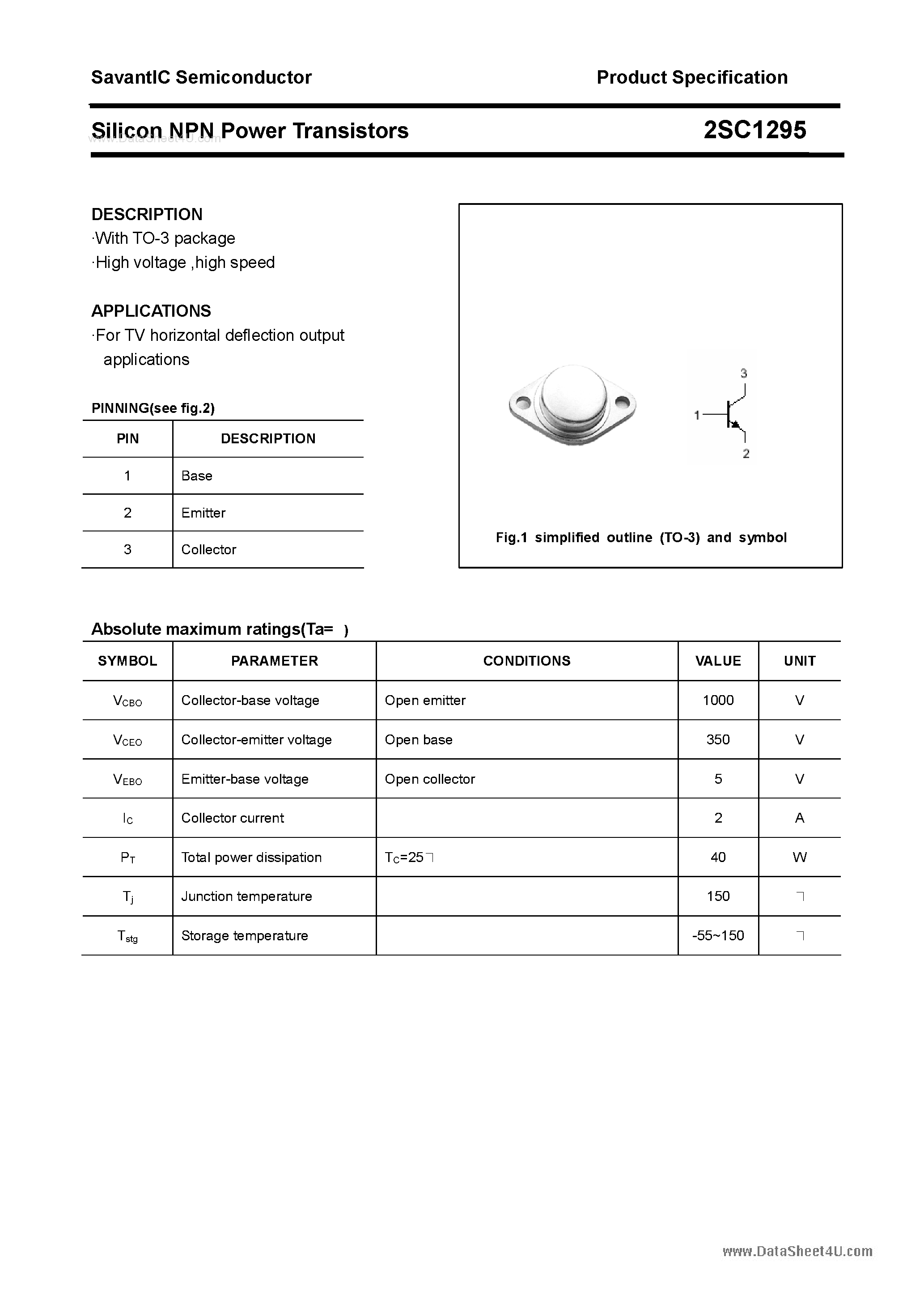 Даташит 2SC1295 - SILICON POWER TRANSISTOR страница 1