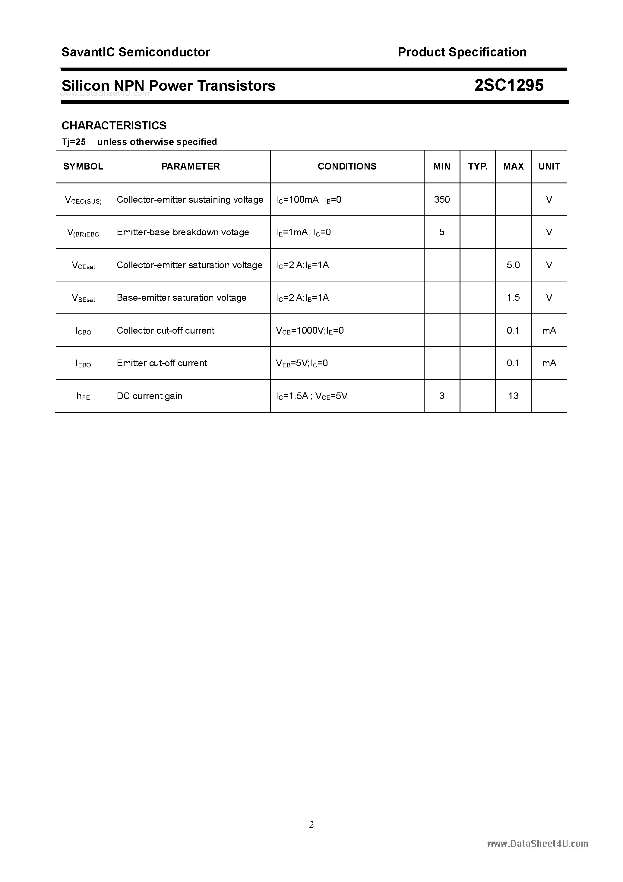 Даташит 2SC1295 - SILICON POWER TRANSISTOR страница 2