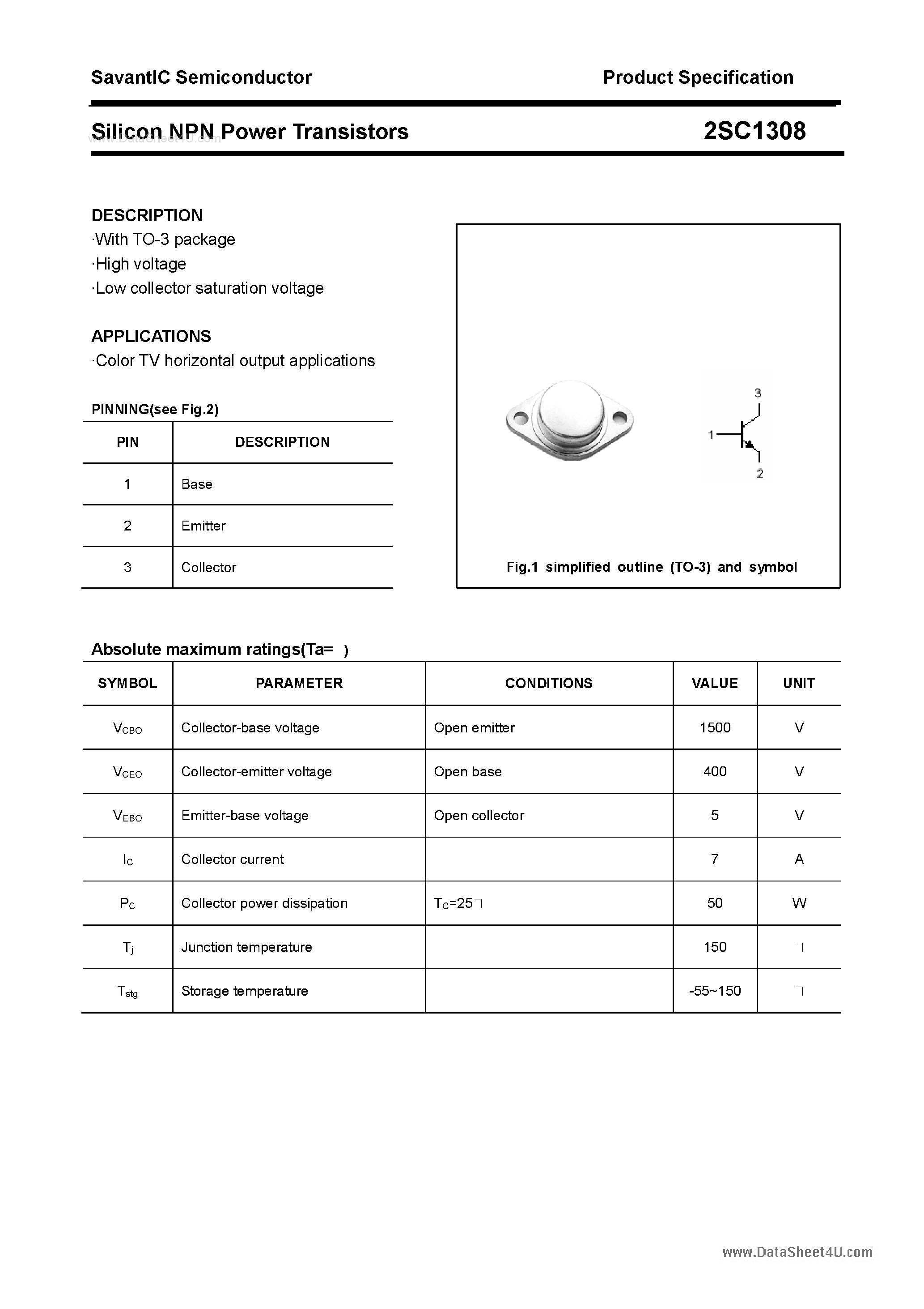 Даташит 2SC1308 - SILICON POWER TRANSISTOR страница 1