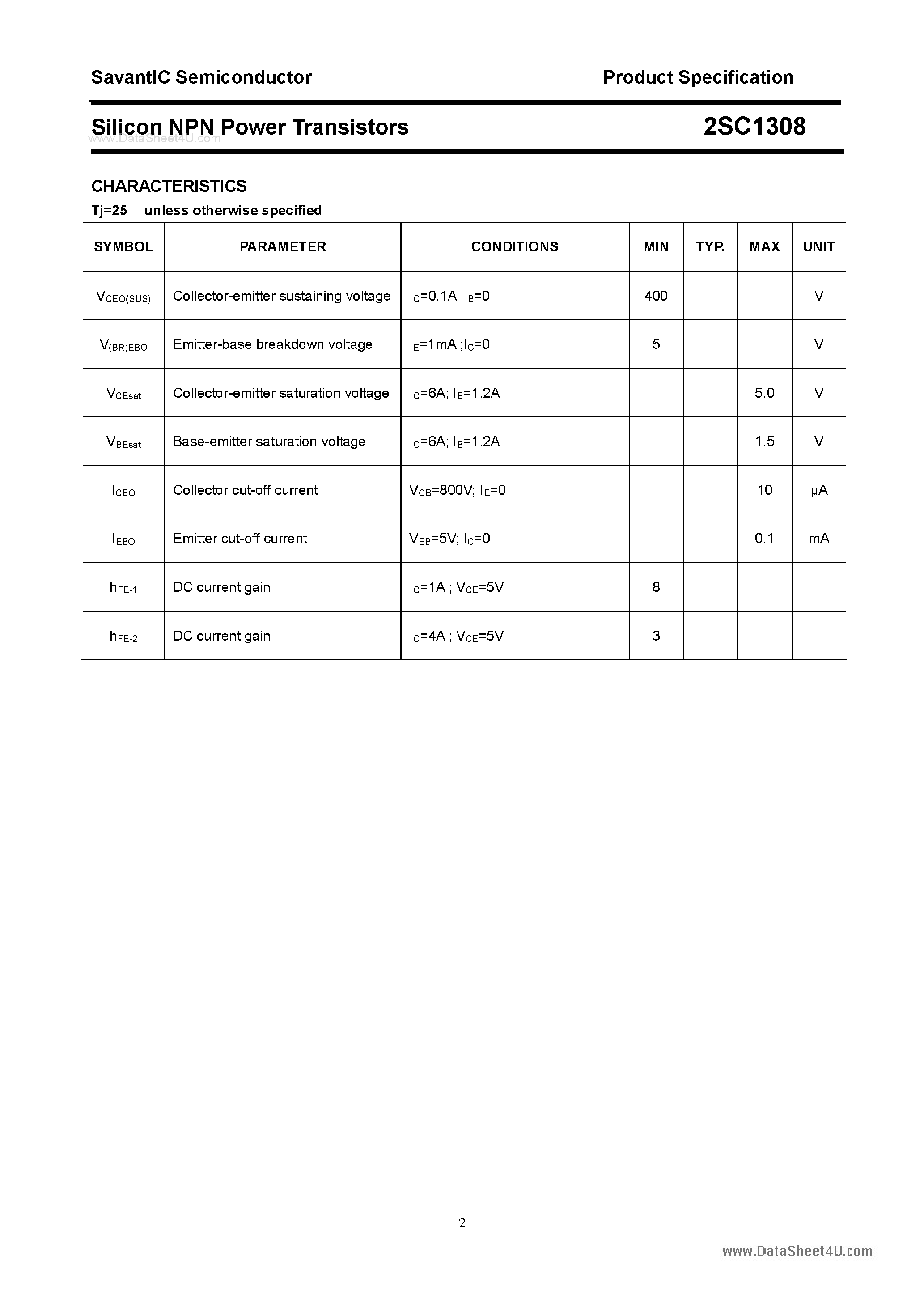 Даташит 2SC1308 - SILICON POWER TRANSISTOR страница 2