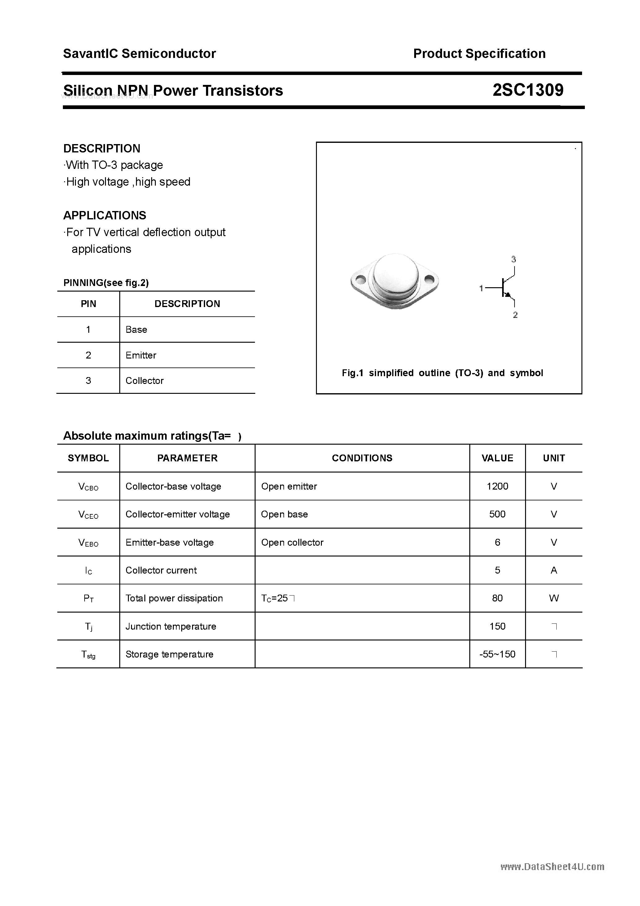 Datasheet 2SC1309 - SILICON POWER TRANSISTOR page 1