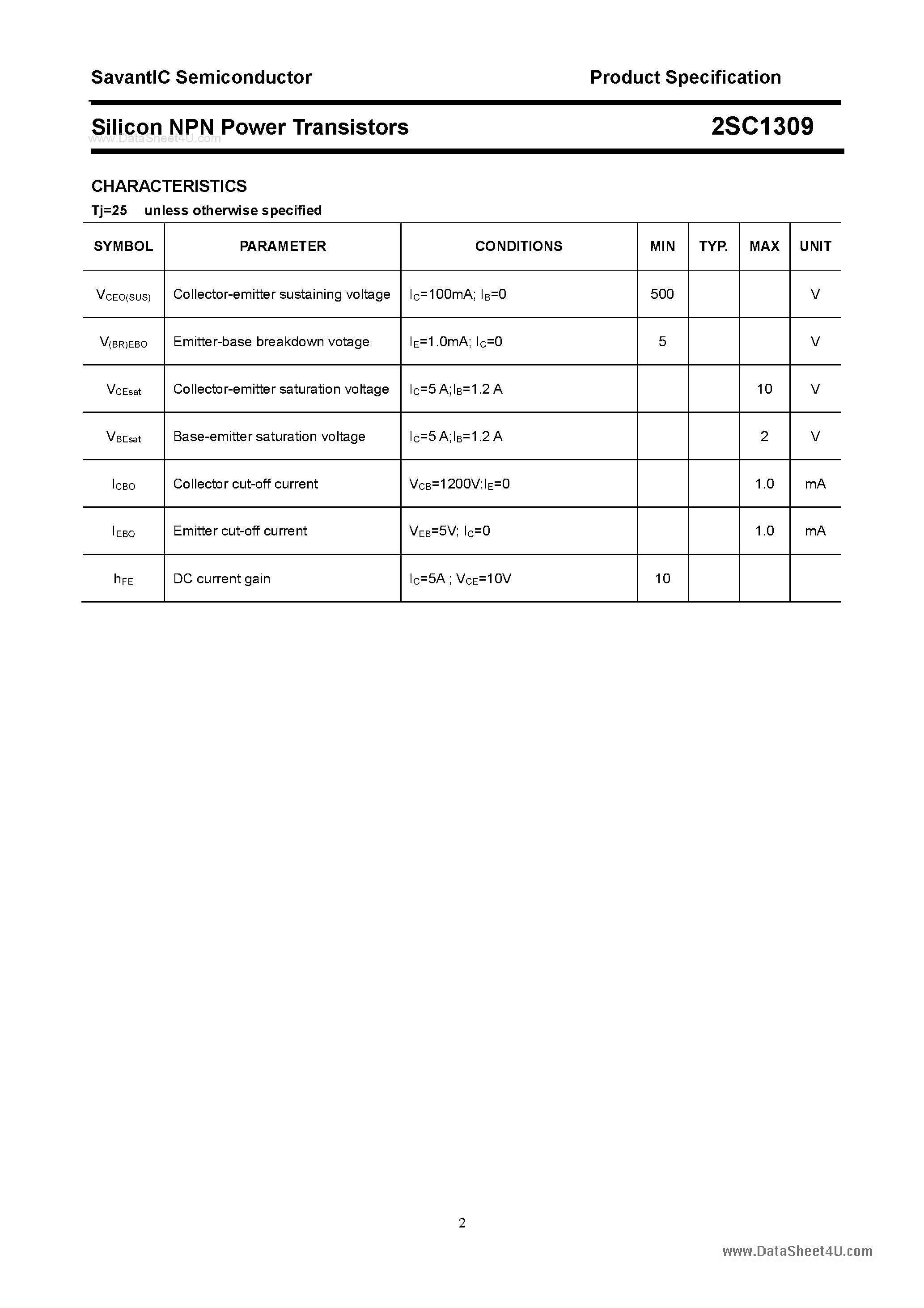 Datasheet 2SC1309 - SILICON POWER TRANSISTOR page 2