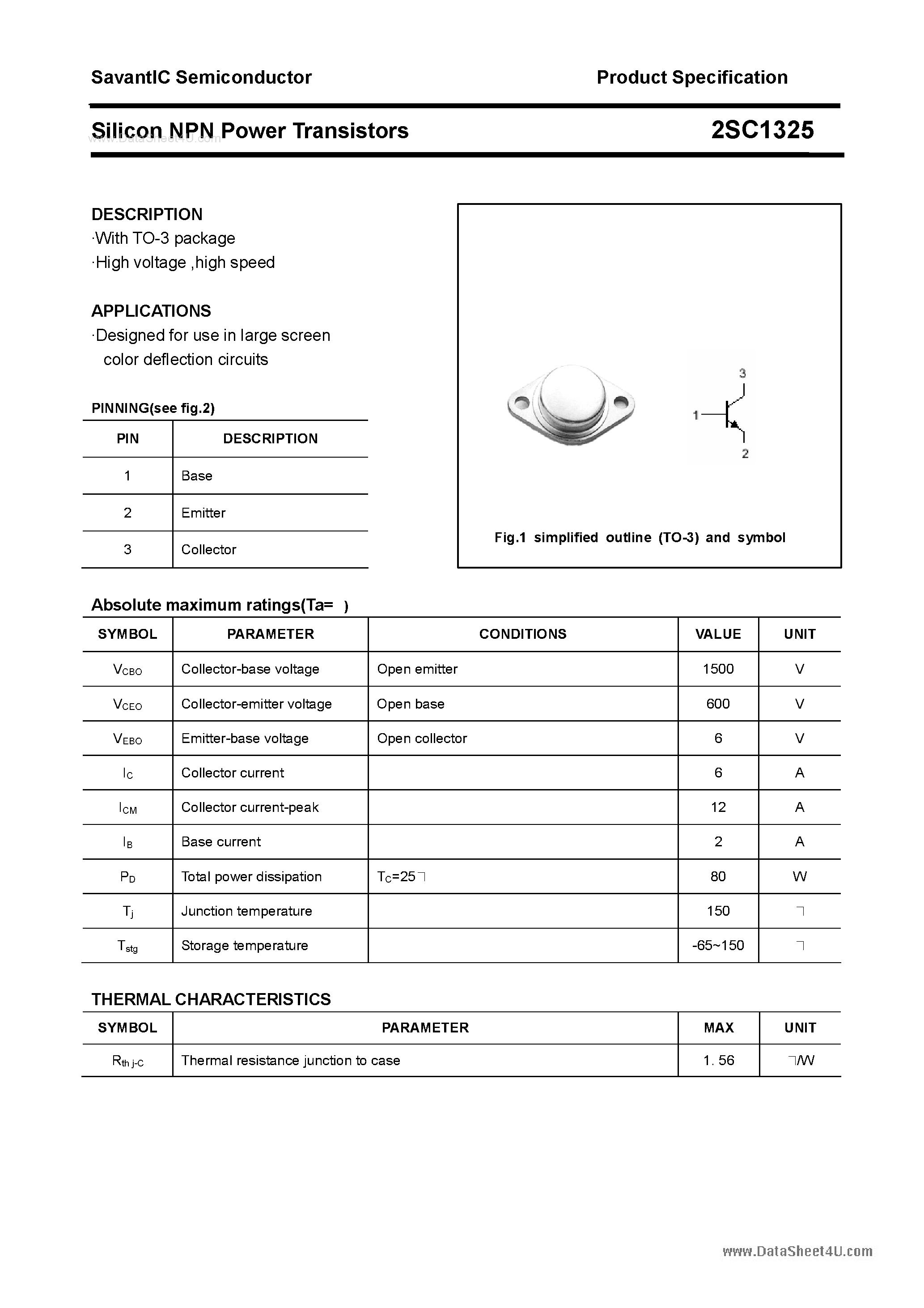 Datasheet 2SC1325 - SILICON POWER TRANSISTOR page 1