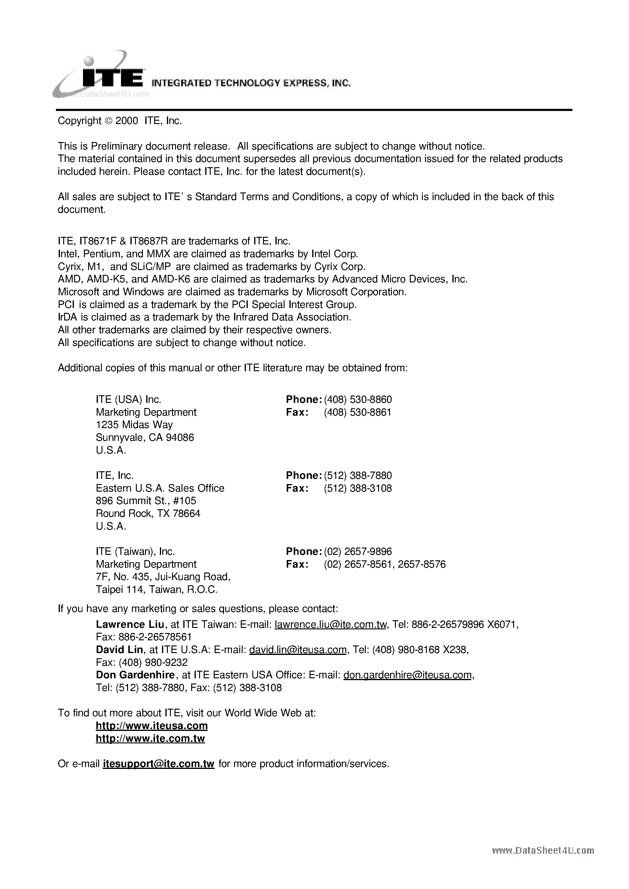 Datasheet IT8671F - (IT8671F / IT8687R) GIGA I/O Chipset page 2