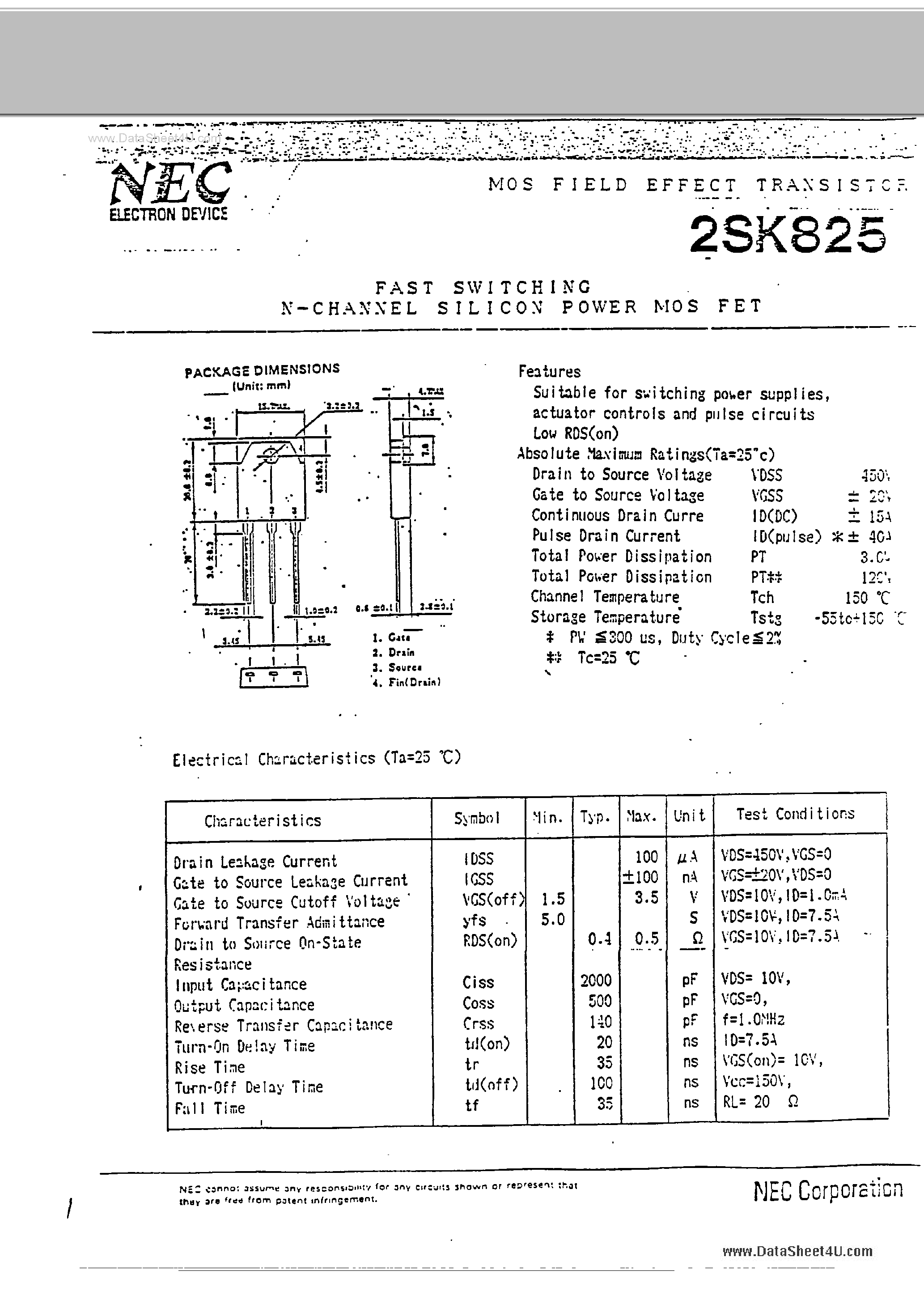 Datasheet 2SK825 - FAST SWITCHING N-CHANNEL SILICON POWER MOSFET page 1