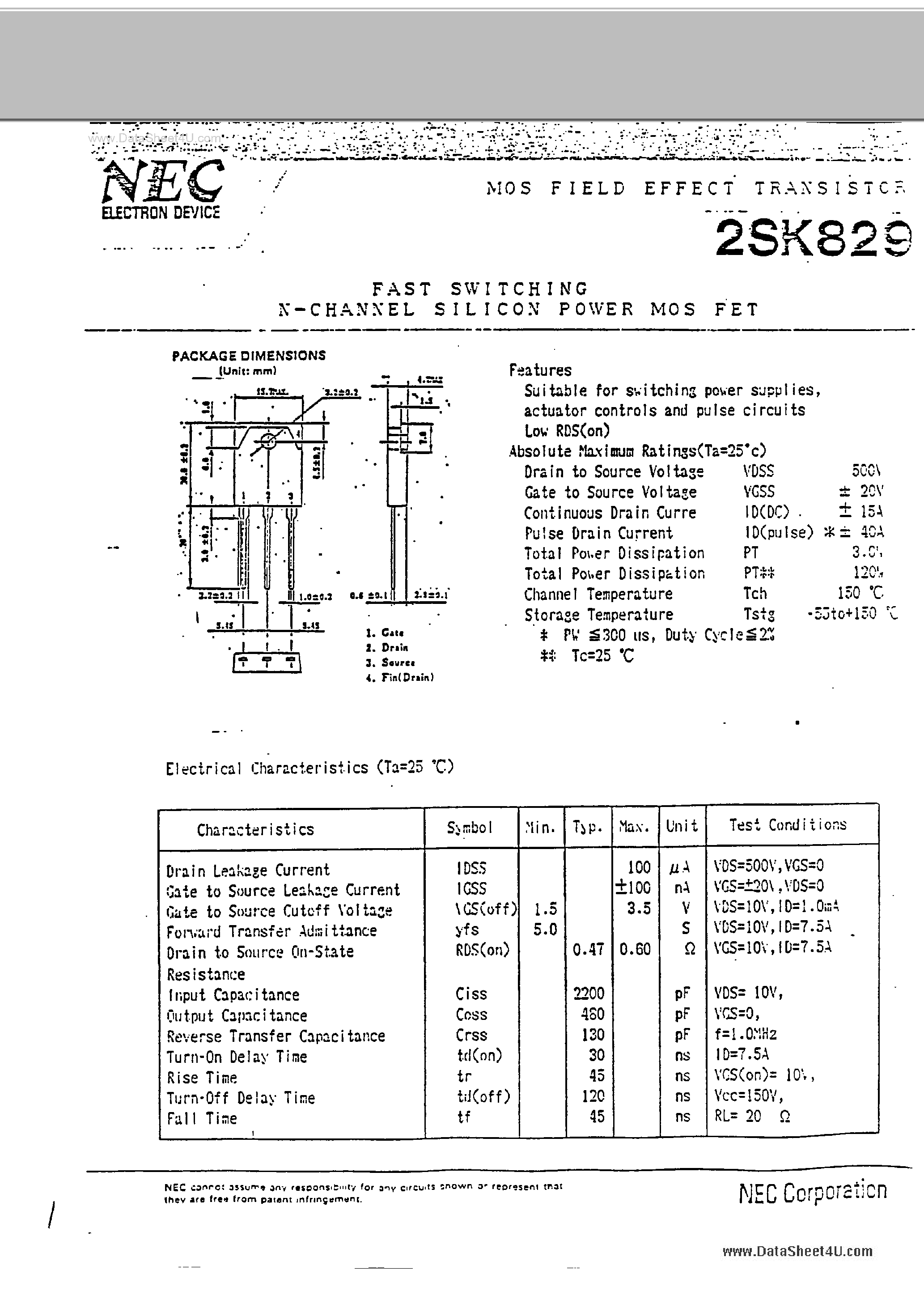 Datasheet 2SK829 - FAST SWITCHING N-CHANNEL SILICON POWER MOSFET page 1