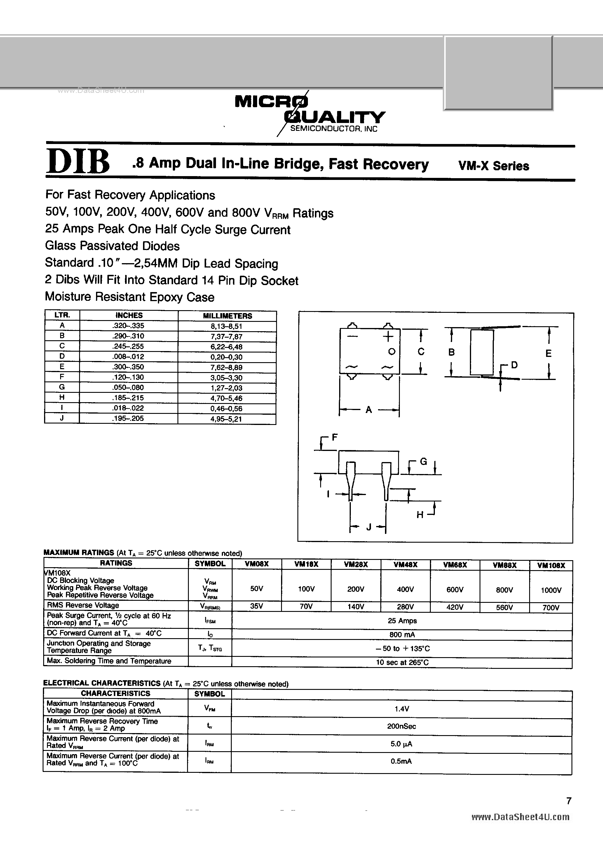 Datasheet VM-X page 1 Datasheet VM-X - 0.8 Amp Dual In Line Bridge page 1