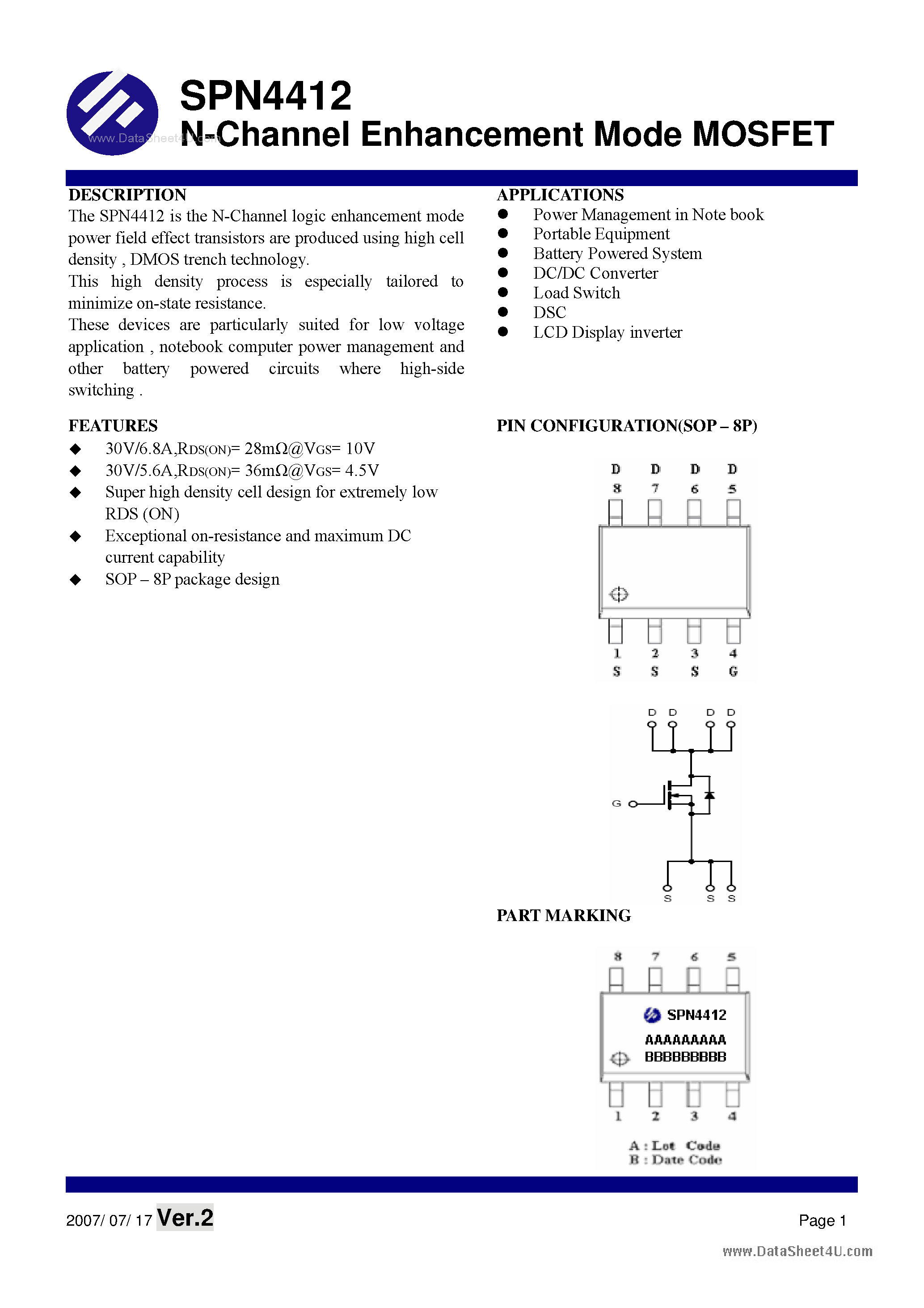 Datasheet SPN4412 - N-Channel Enhancement Mode MOSFET page 1