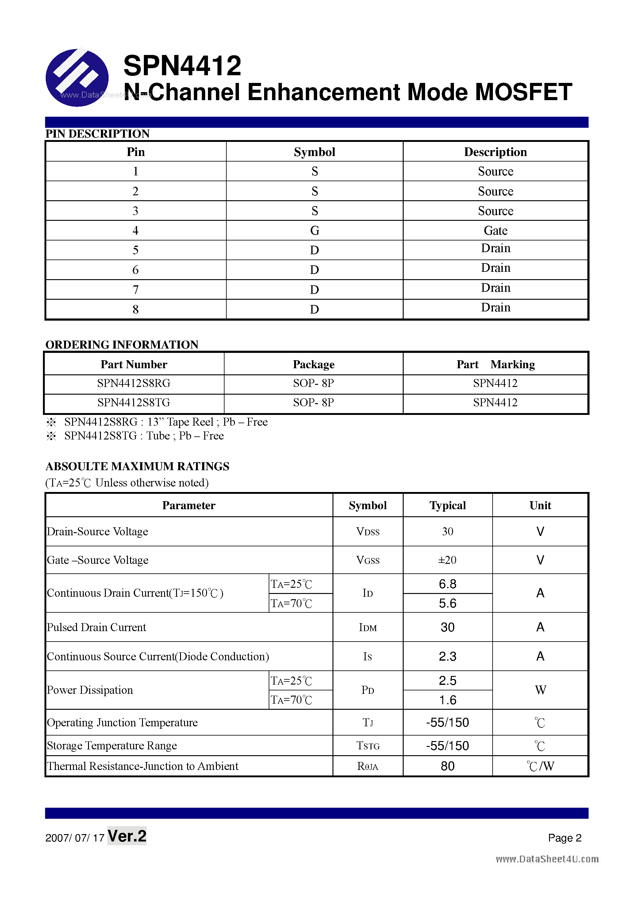Datasheet SPN4412 - N-Channel Enhancement Mode MOSFET page 2