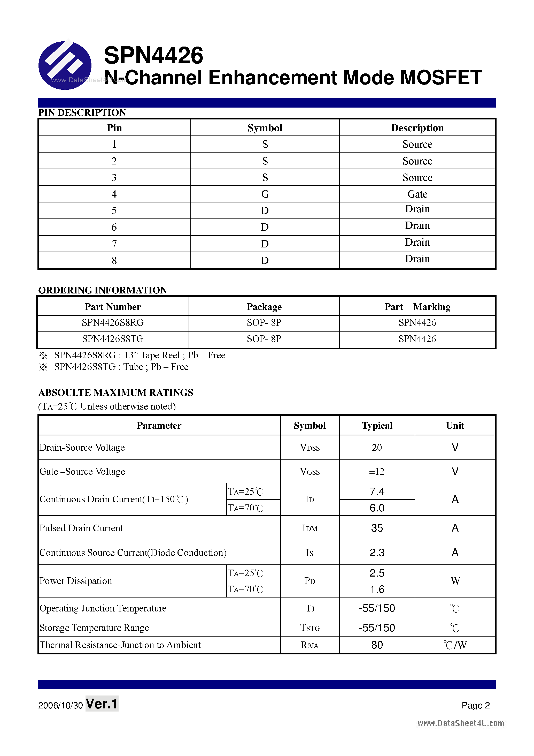 Datasheet SPN4426 - N-Channel Enhancement Mode MOSFET page 2