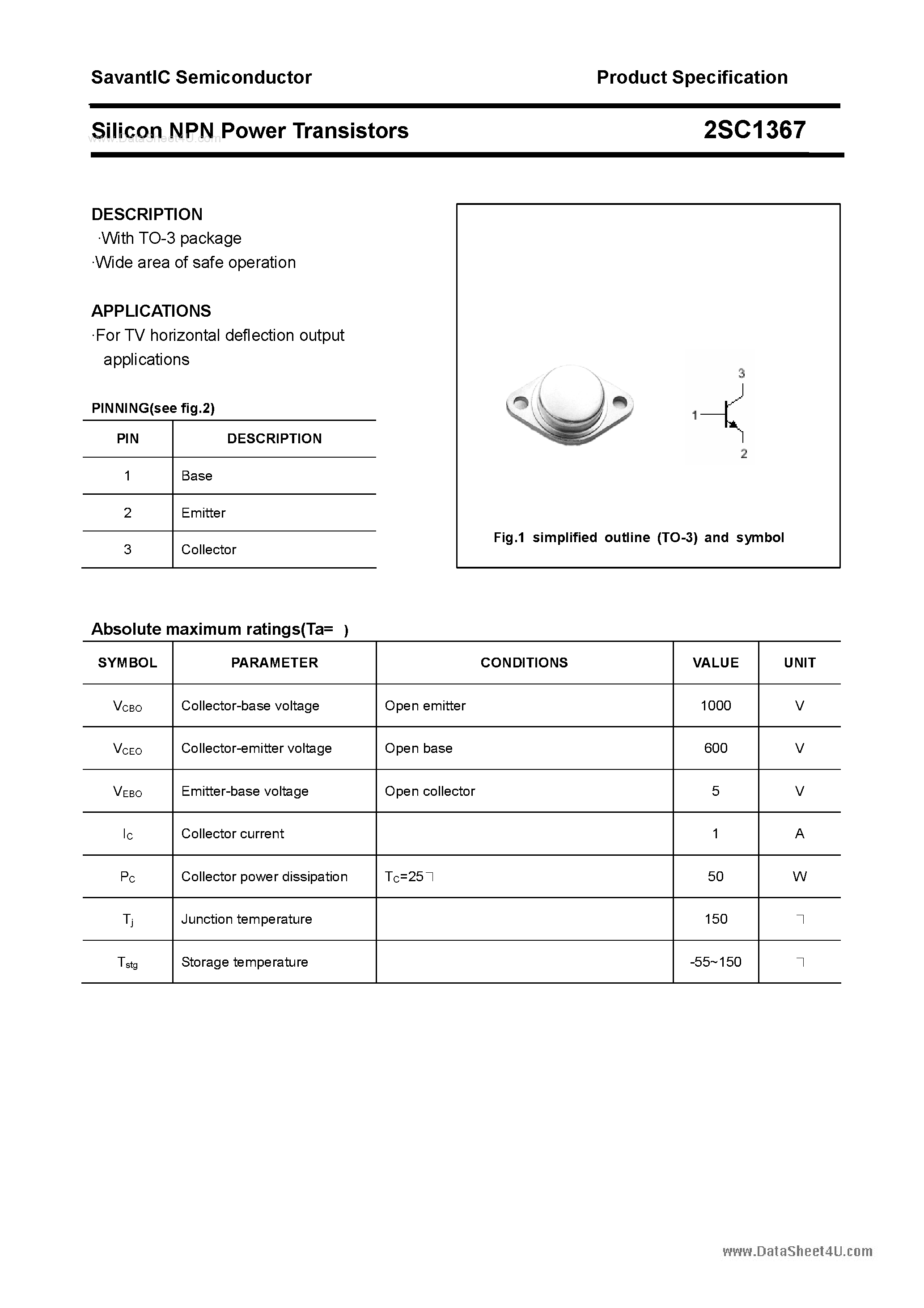 Datasheet 2SC1367 page 1 Datasheet 2SC1367 - SILICON POWER TRANSISTOR page 1