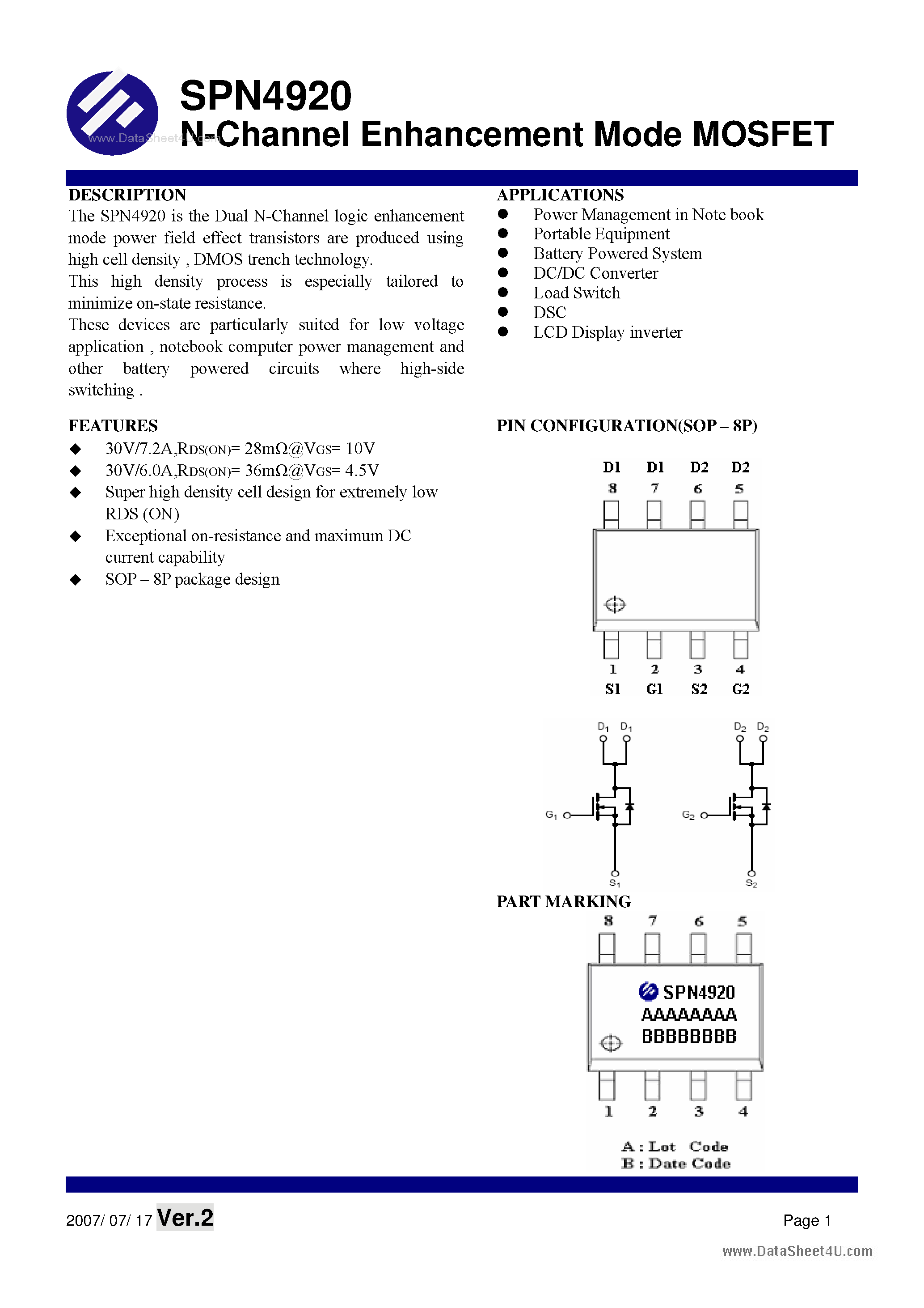 Datasheet SPN4920 - N-Channel Enhancement Mode MOSFET page 1