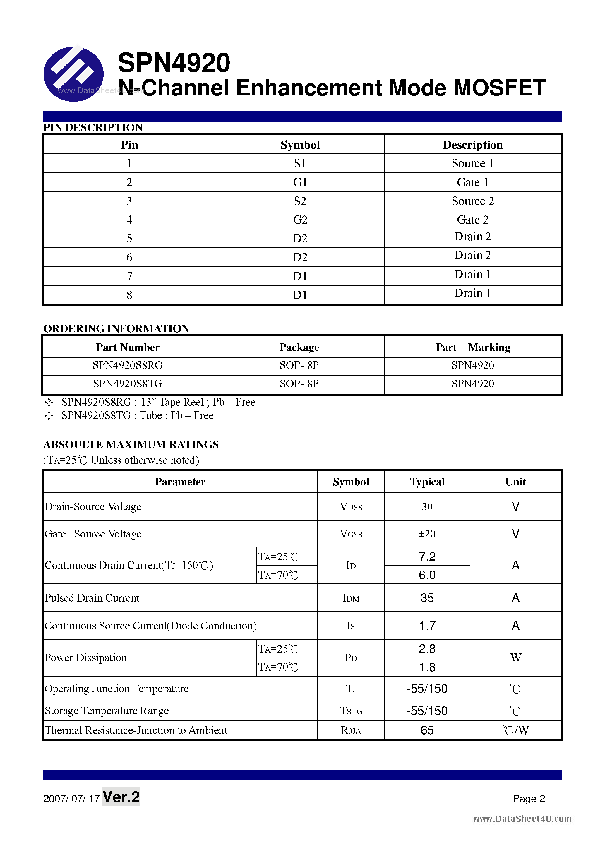 Datasheet SPN4920 - N-Channel Enhancement Mode MOSFET page 2
