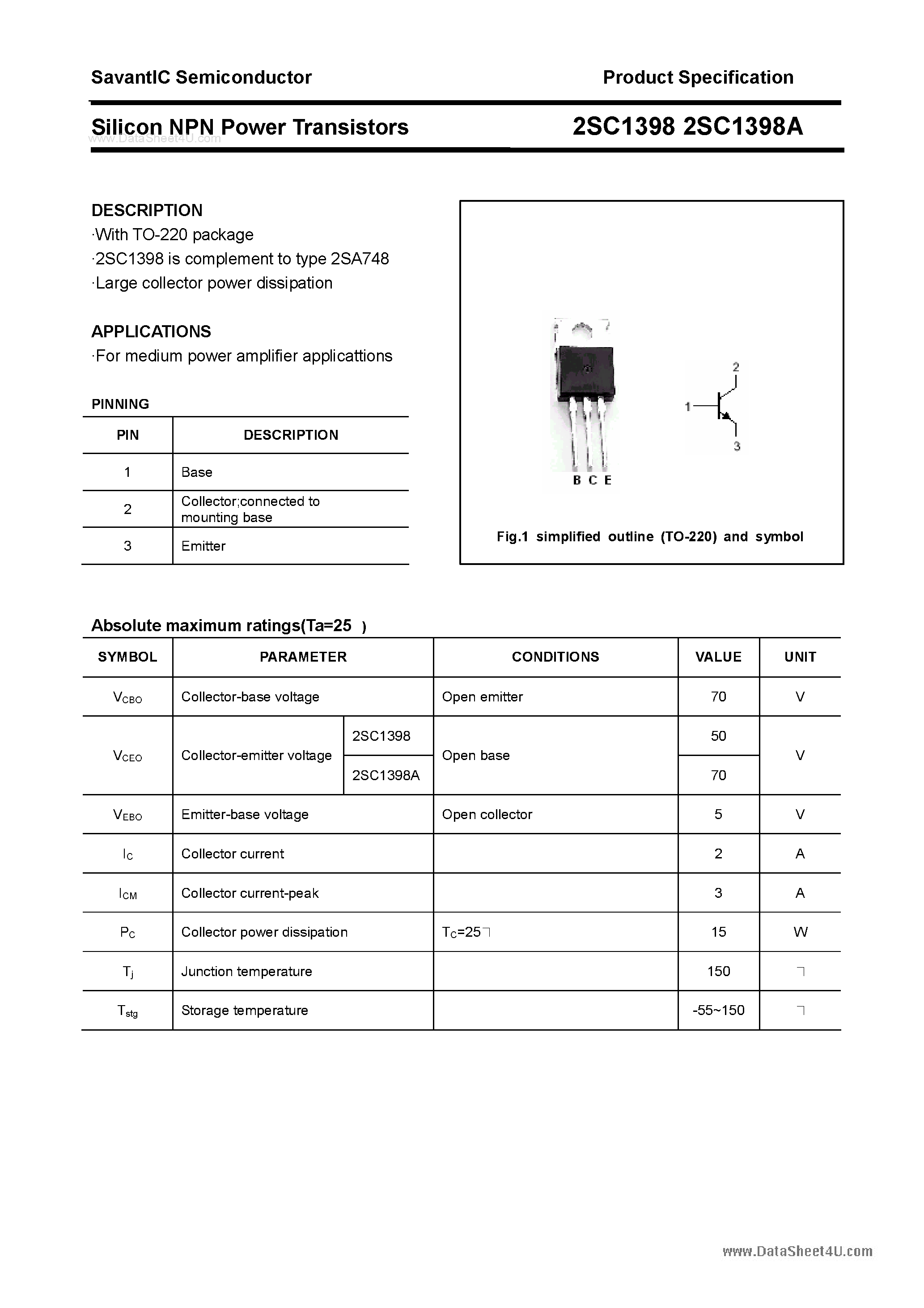 Datasheet 2SC1398 - SILICON POWER TRANSISTOR page 1