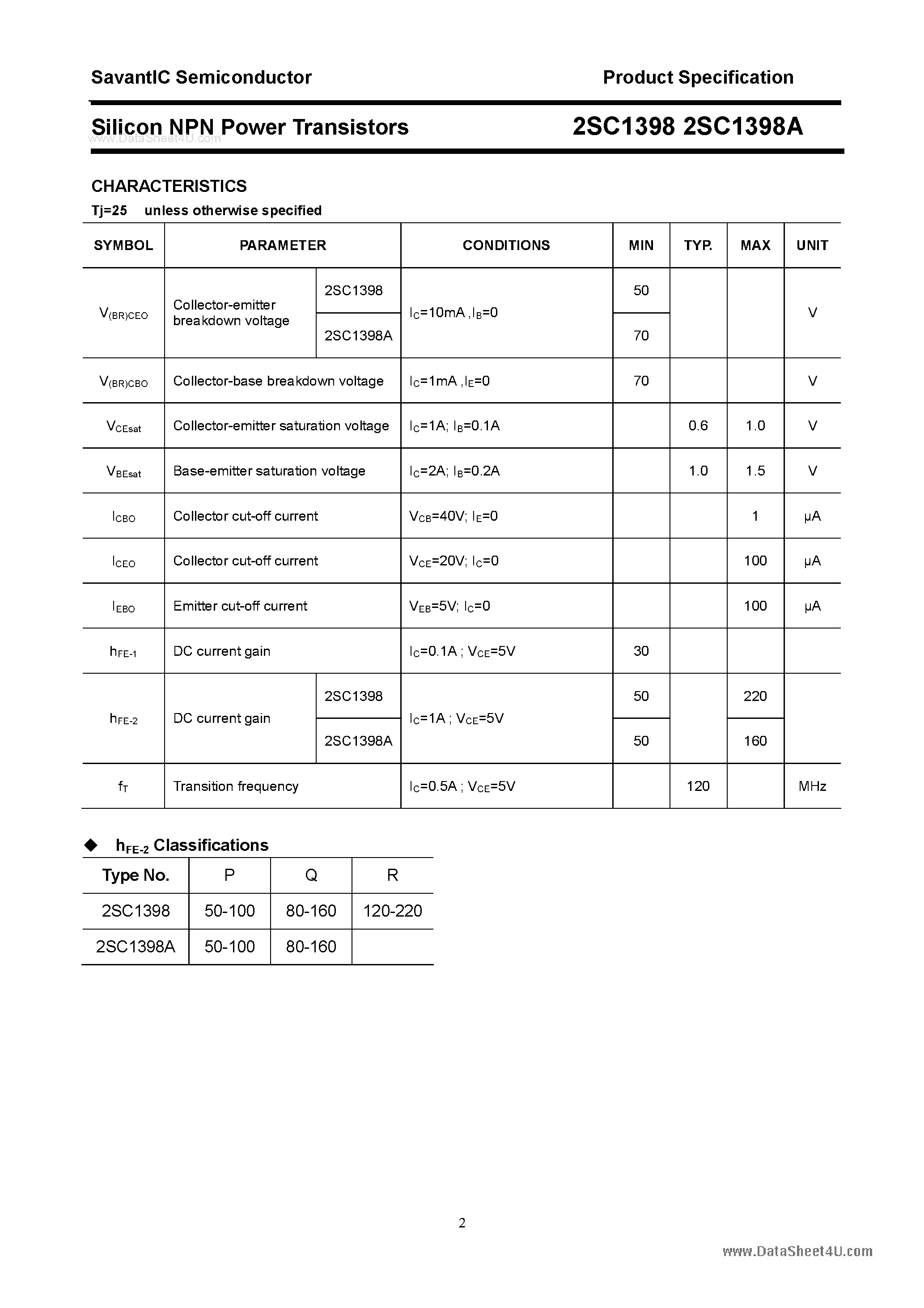 Datasheet 2SC1398 - SILICON POWER TRANSISTOR page 2