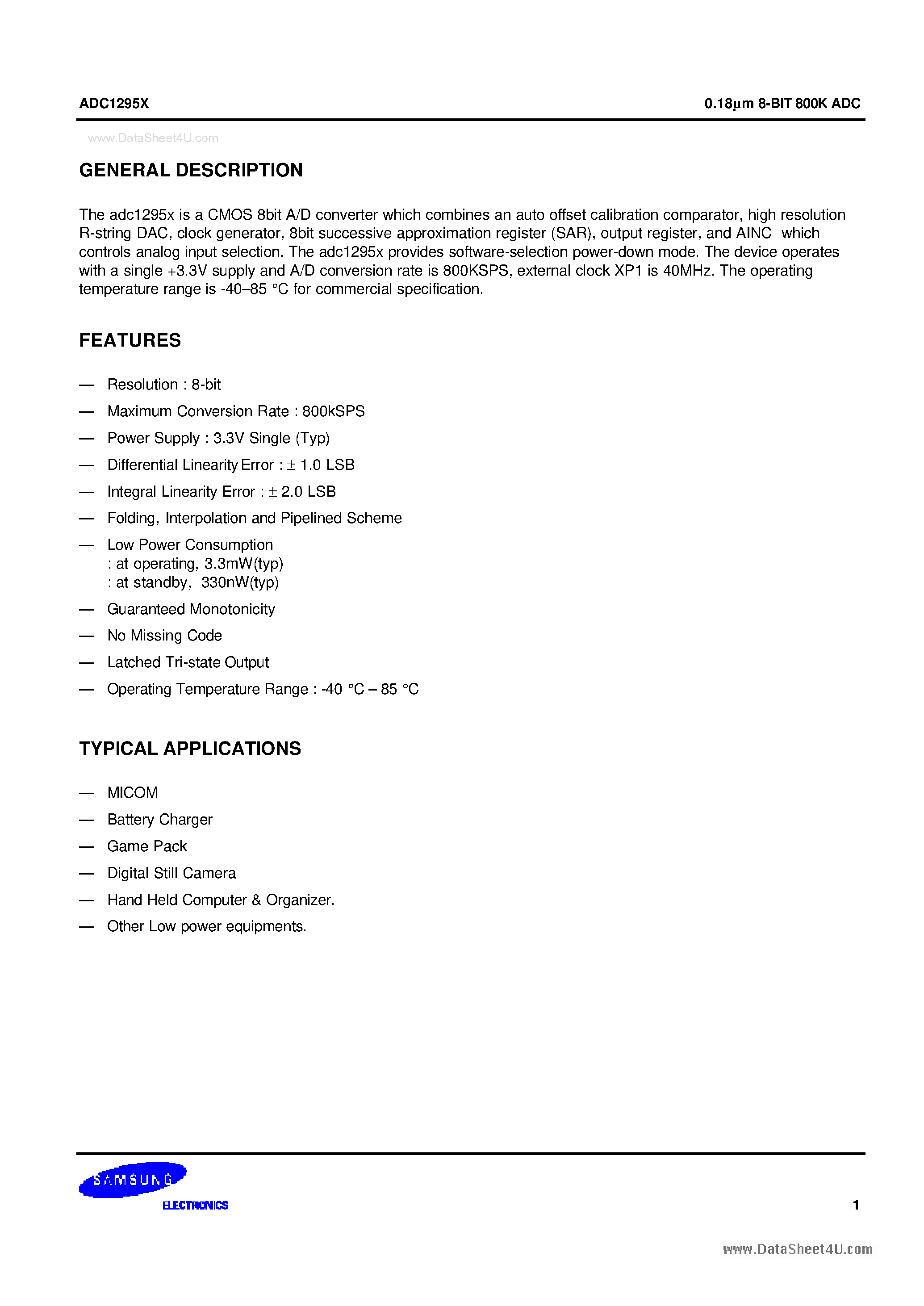 Даташит на микросхему ADC1295x страница 1 Даташит ADC1295x - 0.18um 8-BIT 800K ADC страница 1