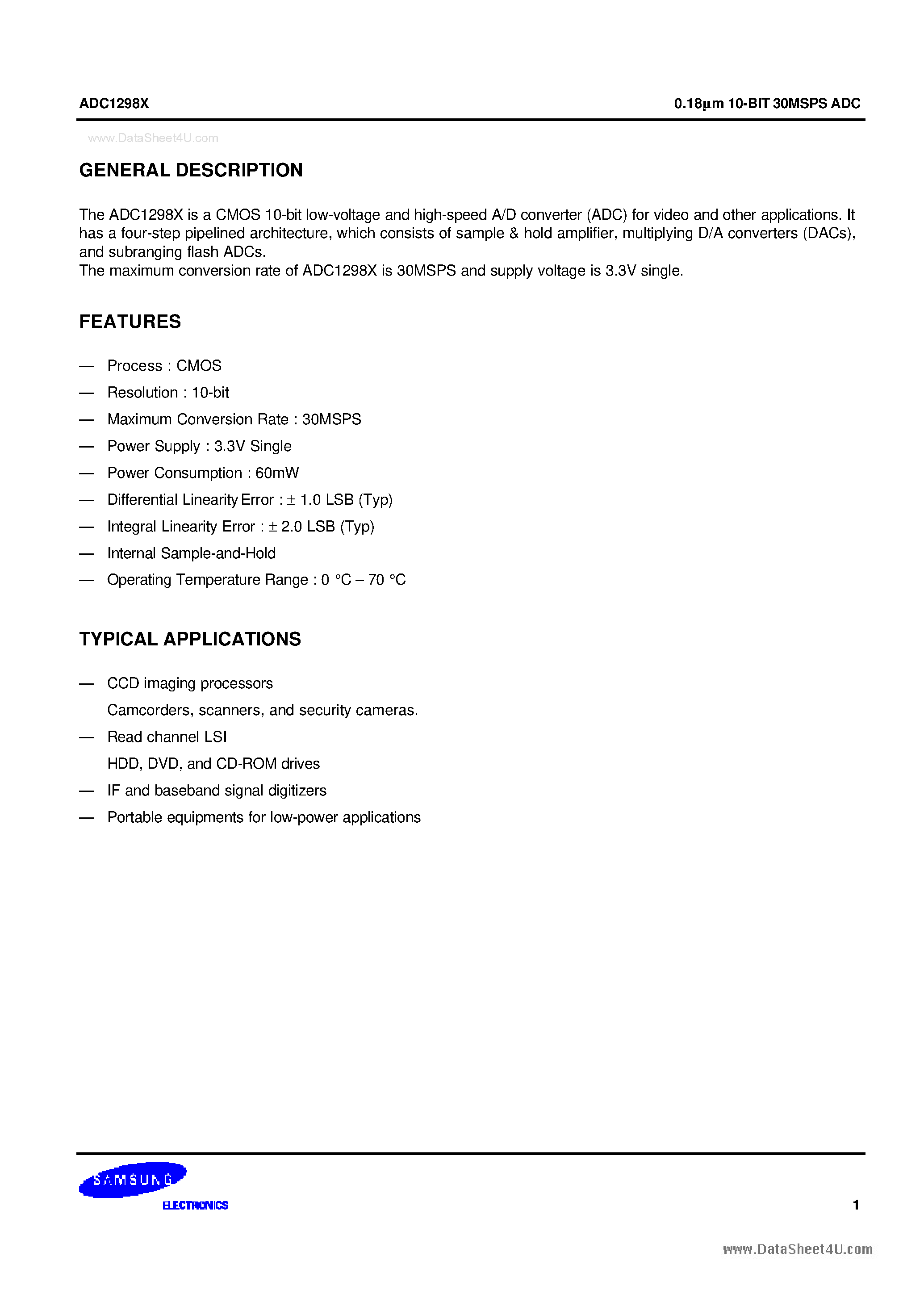Даташит на микросхему ADC1298x страница 1 Даташит ADC1298x - 0.18um 10-BIT 30MSPS ADC страница 1