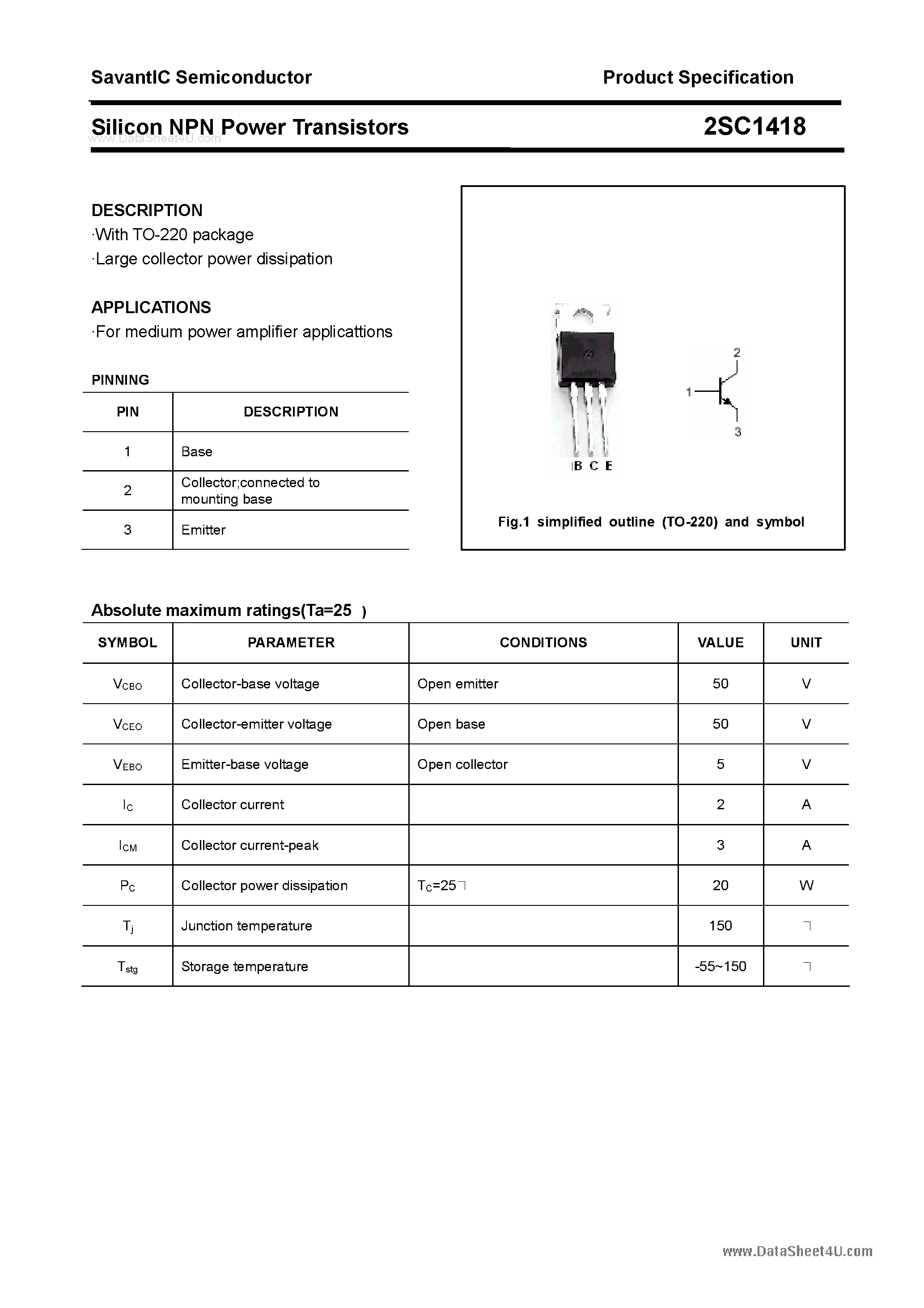 Datasheet 2SC1418 - SILICON POWER TRANSISTOR page 1