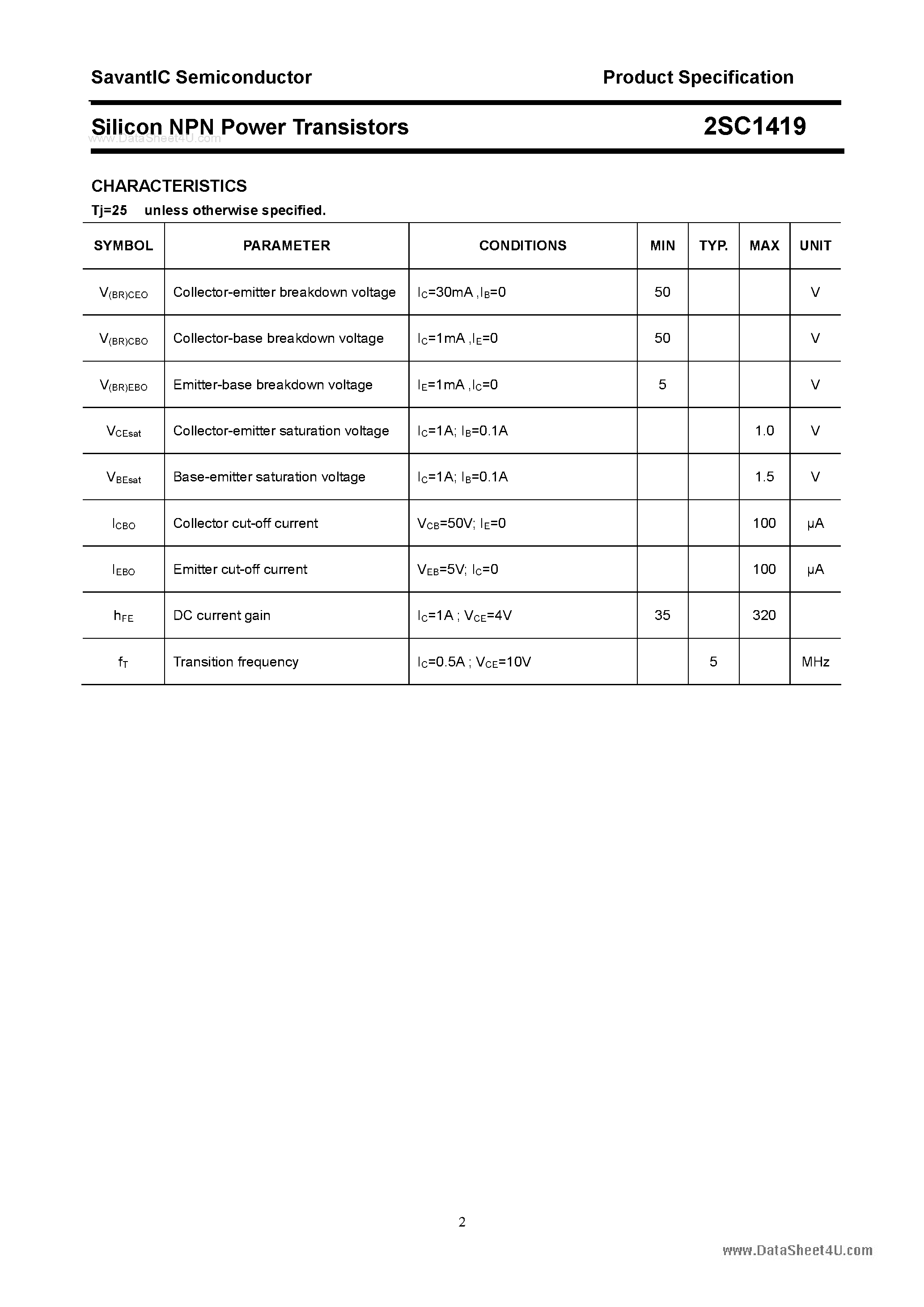 Datasheet 2SC1419 page 2 Datasheet 2SC1419 - SILICON POWER TRANSISTOR page 2