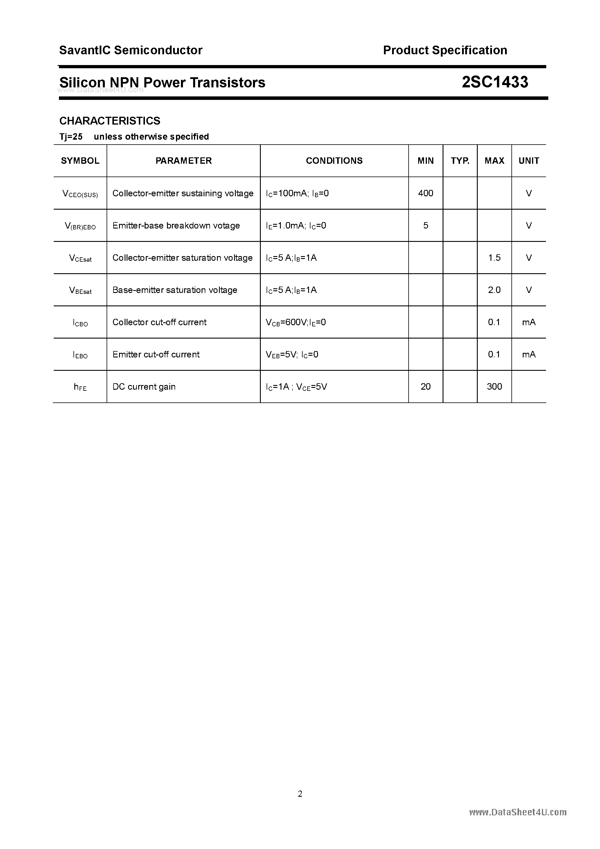 Datasheet 2SC1433 - SILICON POWER TRANSISTOR page 2