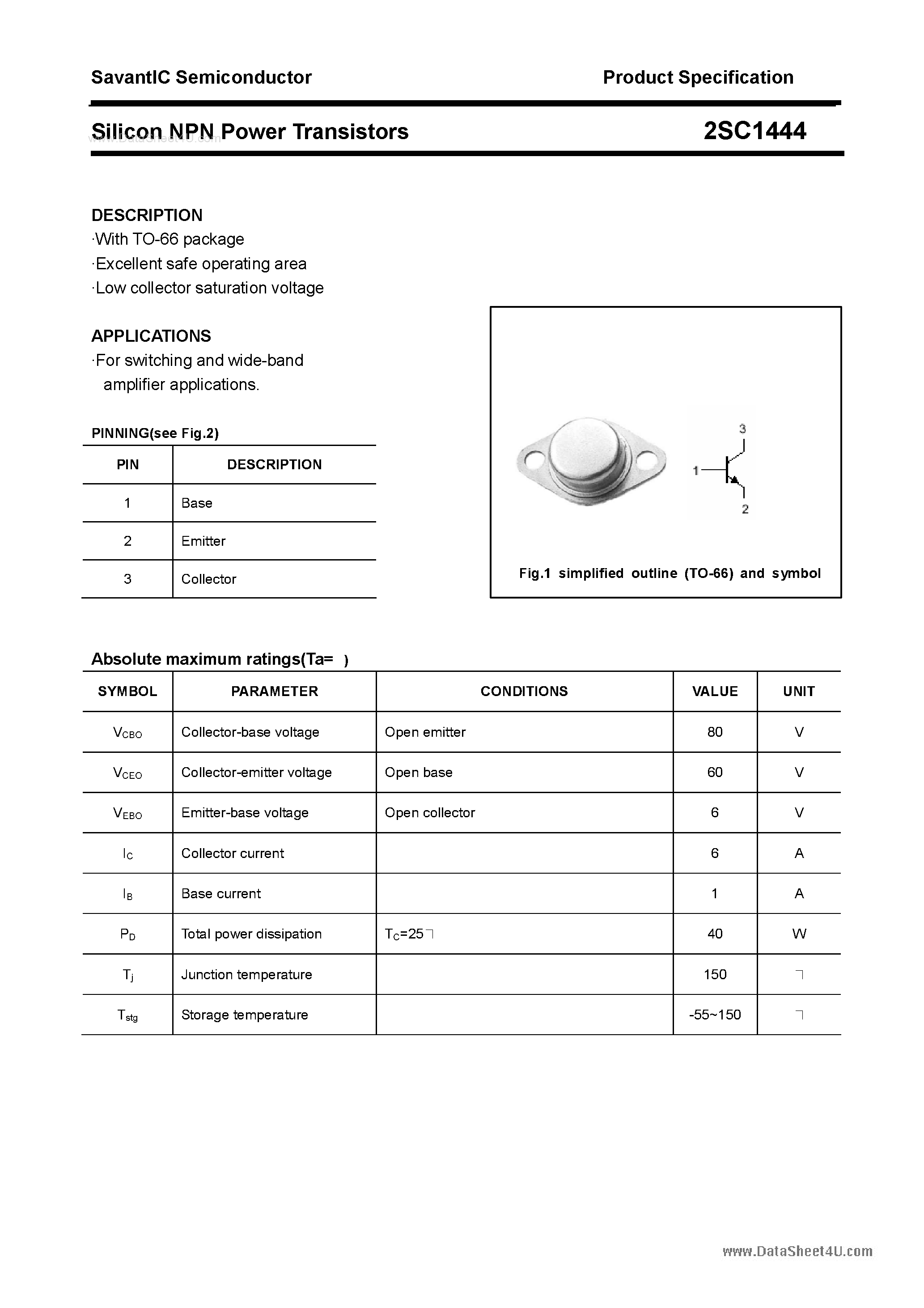 Datasheet 2SC1444 - SILICON POWER TRANSISTOR page 1