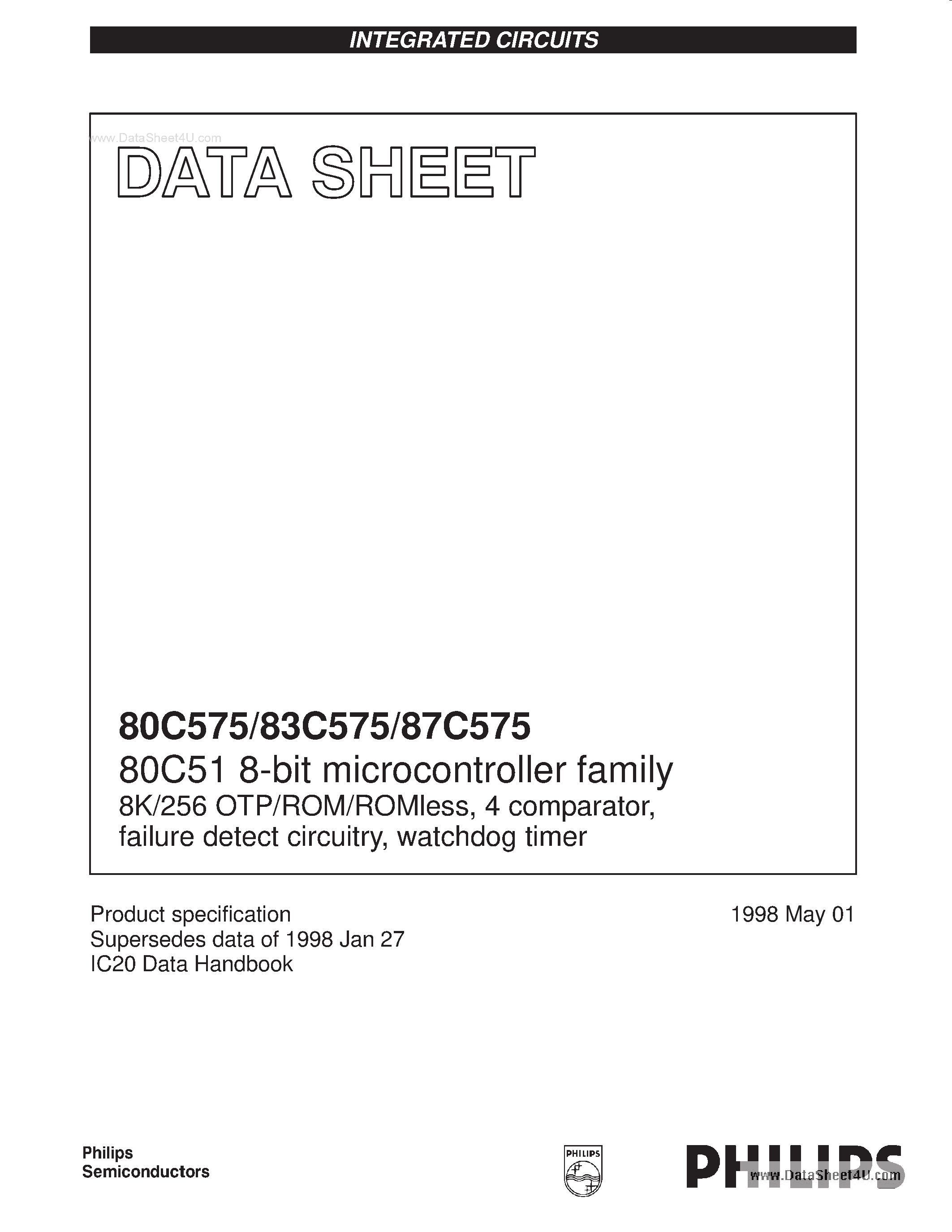 Datasheet P87C575 page 1 Datasheet P87C575 - 80C51 8-bit microcontroller family page 1