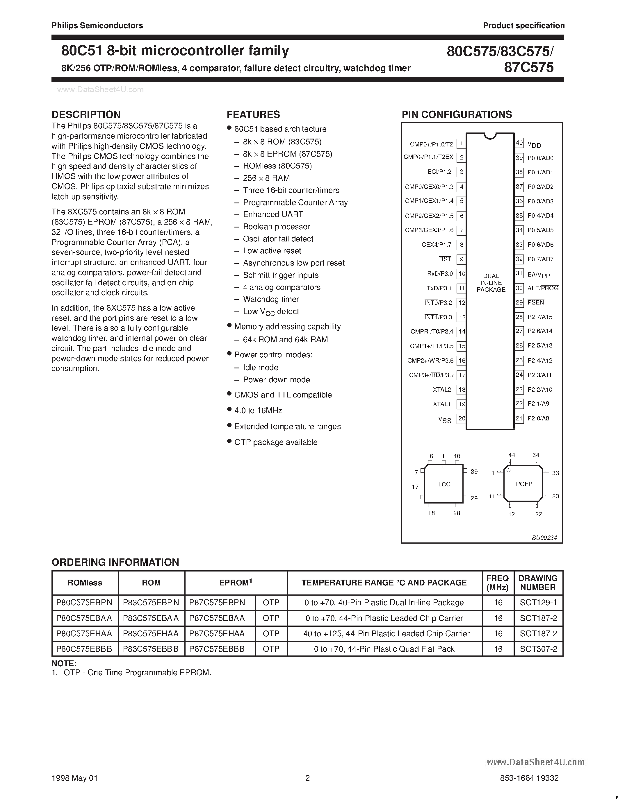 Datasheet P87C575 page 2 Datasheet P87C575 - 80C51 8-bit microcontroller family page 2