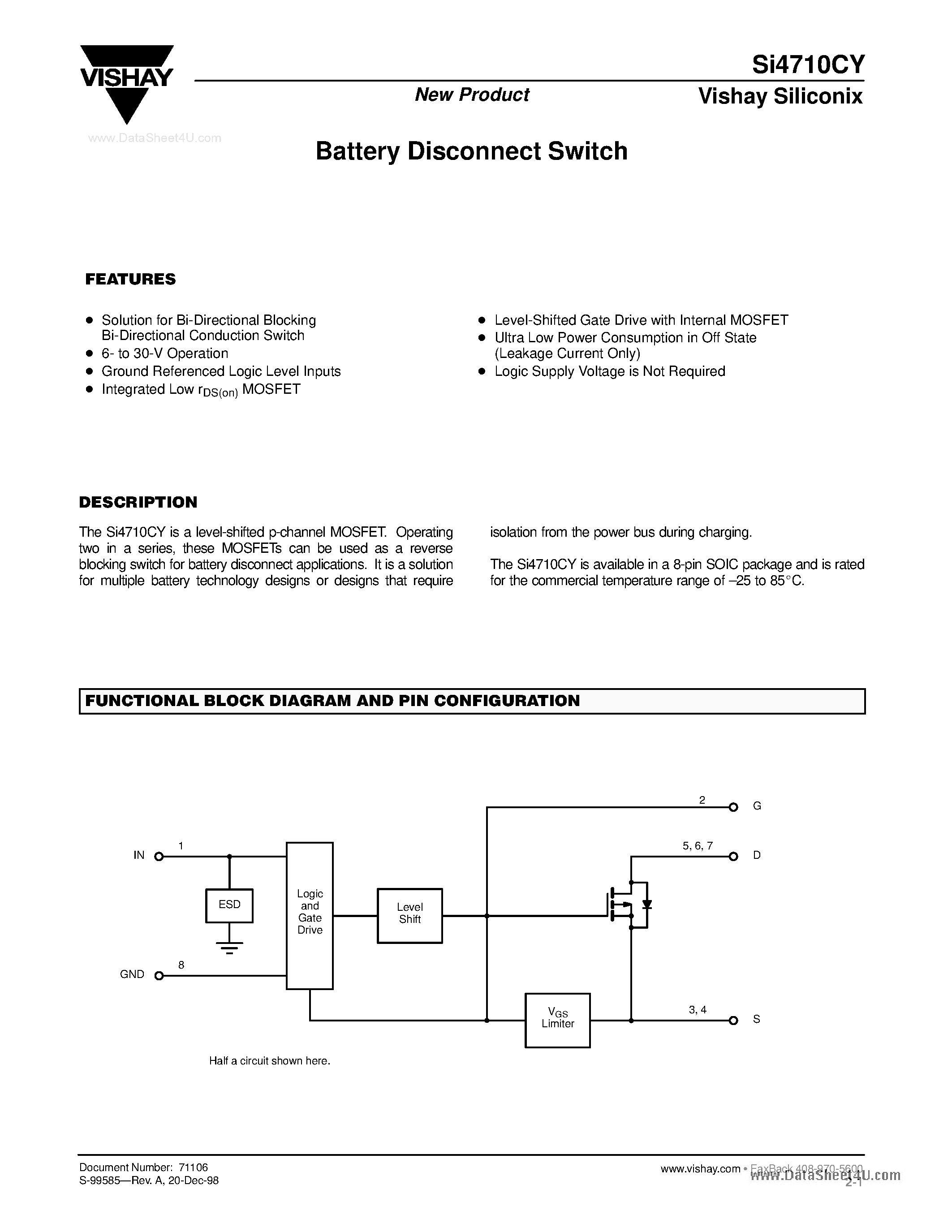 Datasheet SI4710CY page 1 Datasheet SI4710CY - Battery Disconnect Switch page 1