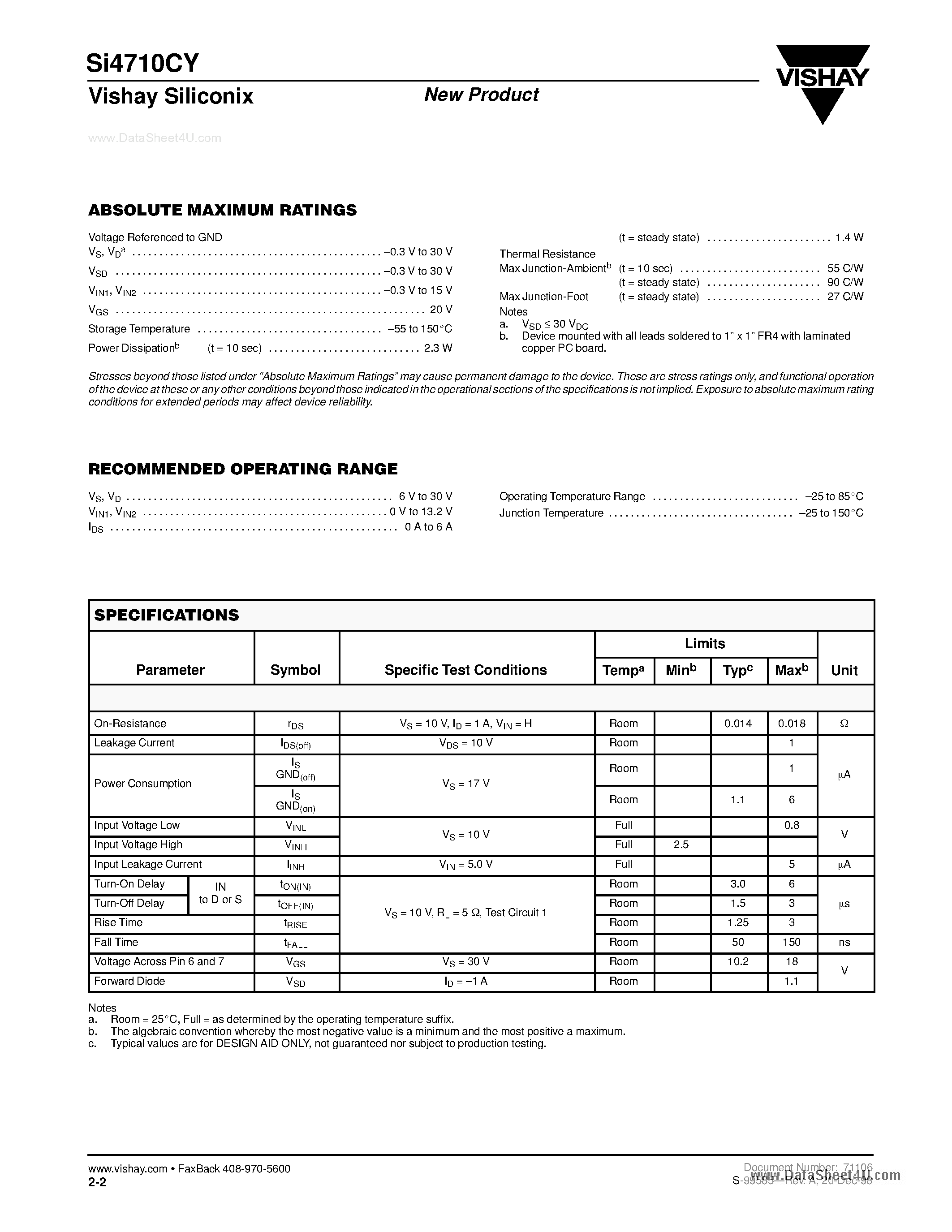Datasheet SI4710CY page 2 Datasheet SI4710CY - Battery Disconnect Switch page 2