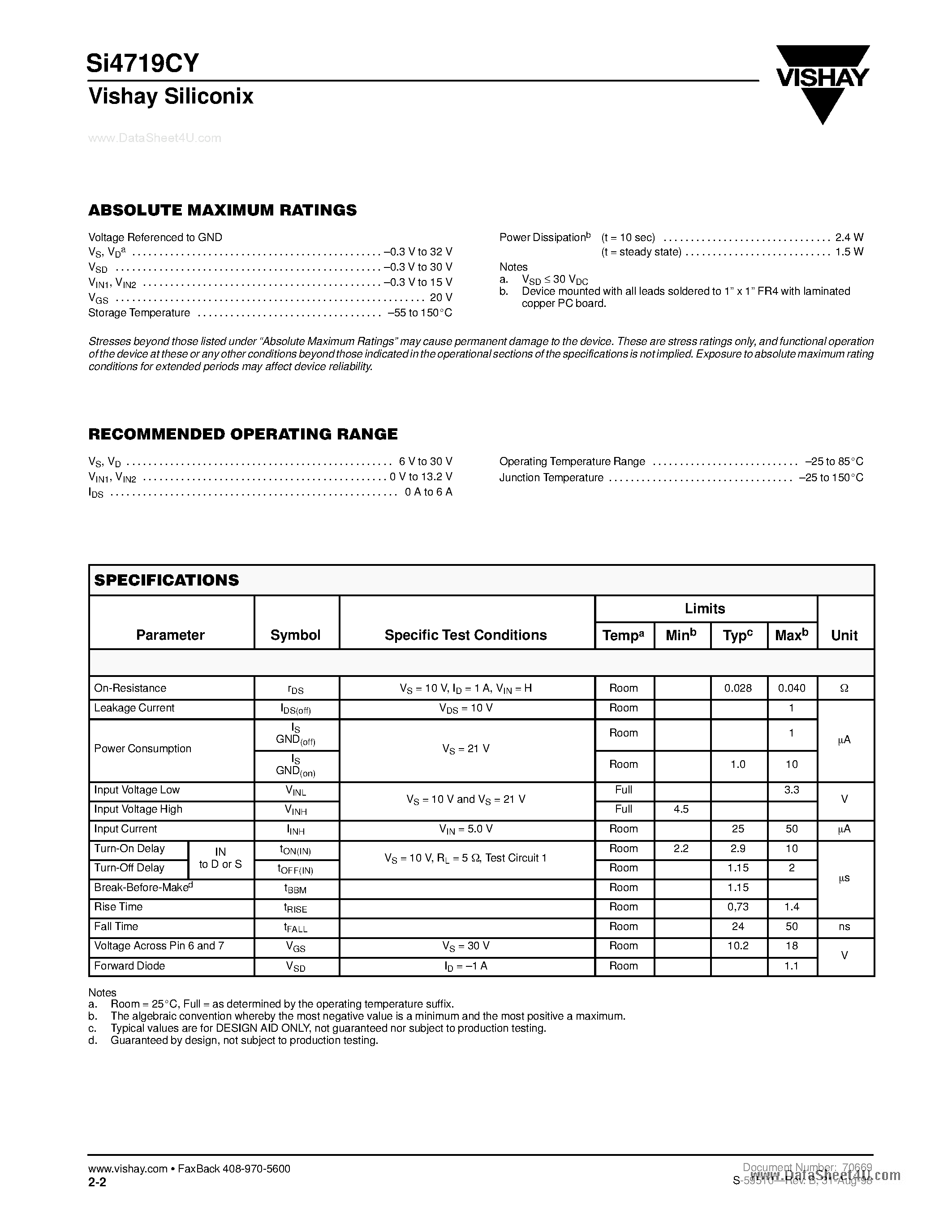 Datasheet SI4719CY - Battery Disconnect Switch page 2