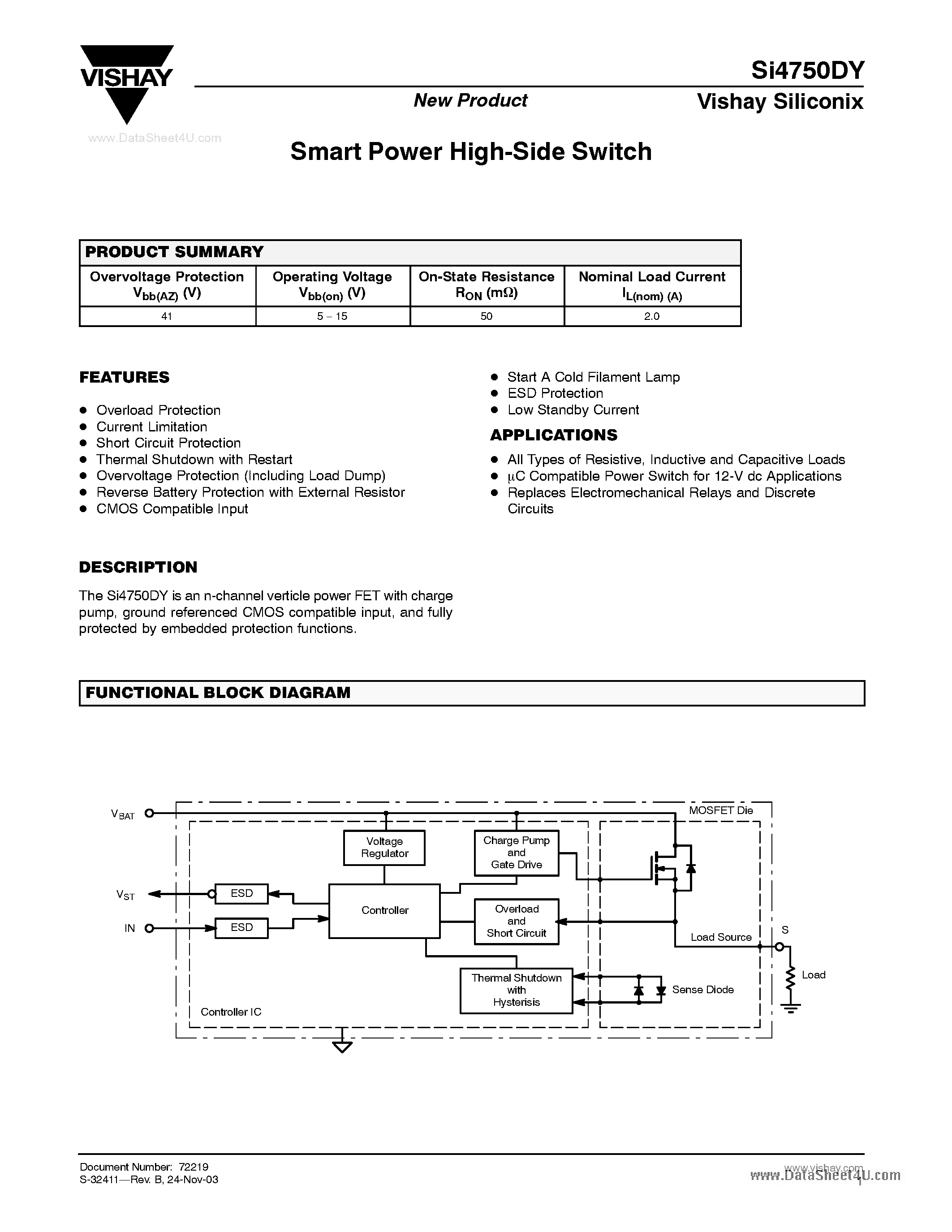 Datasheet SI4750DY page 1 Datasheet SI4750DY - Smart Power High-Side Switch page 1