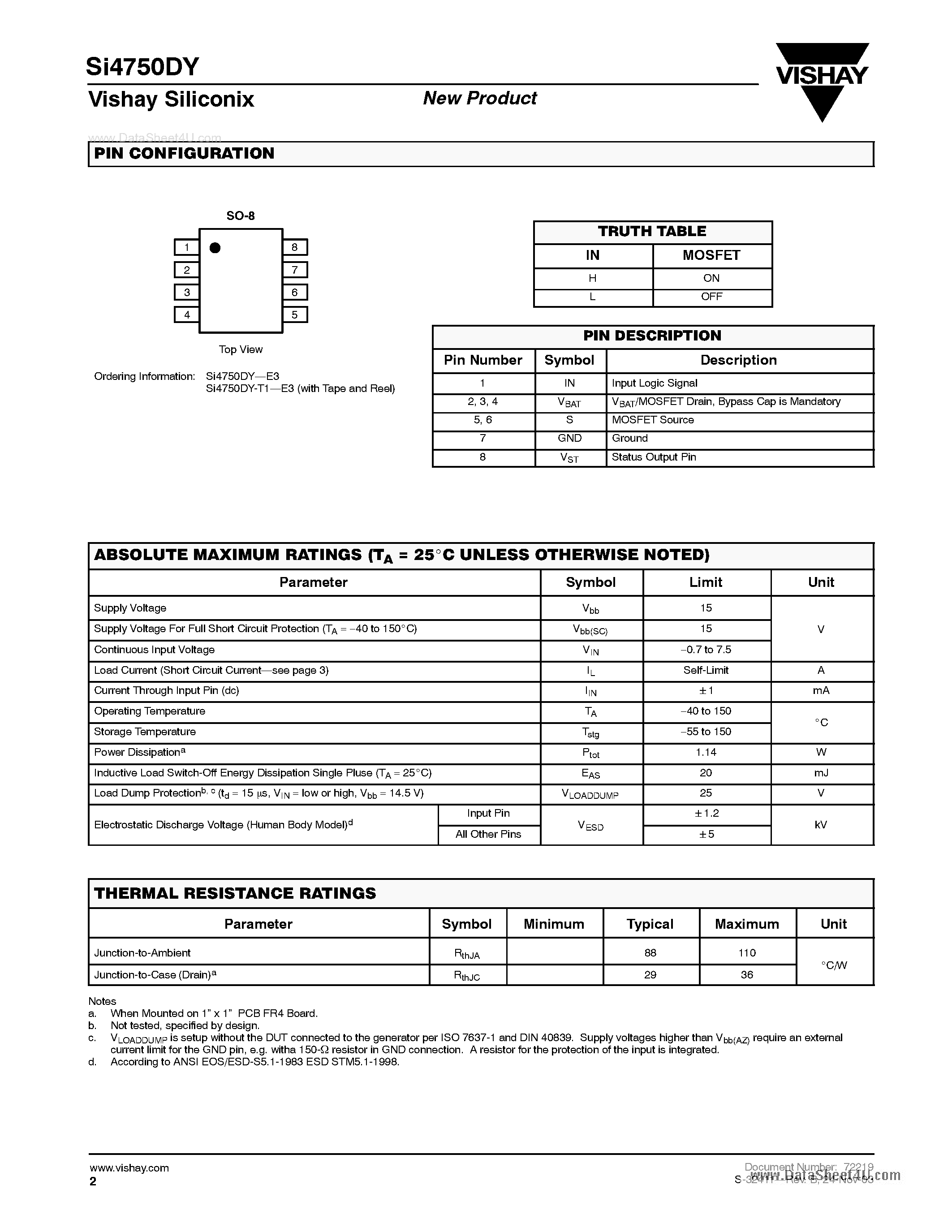 Datasheet SI4750DY page 2 Datasheet SI4750DY - Smart Power High-Side Switch page 2