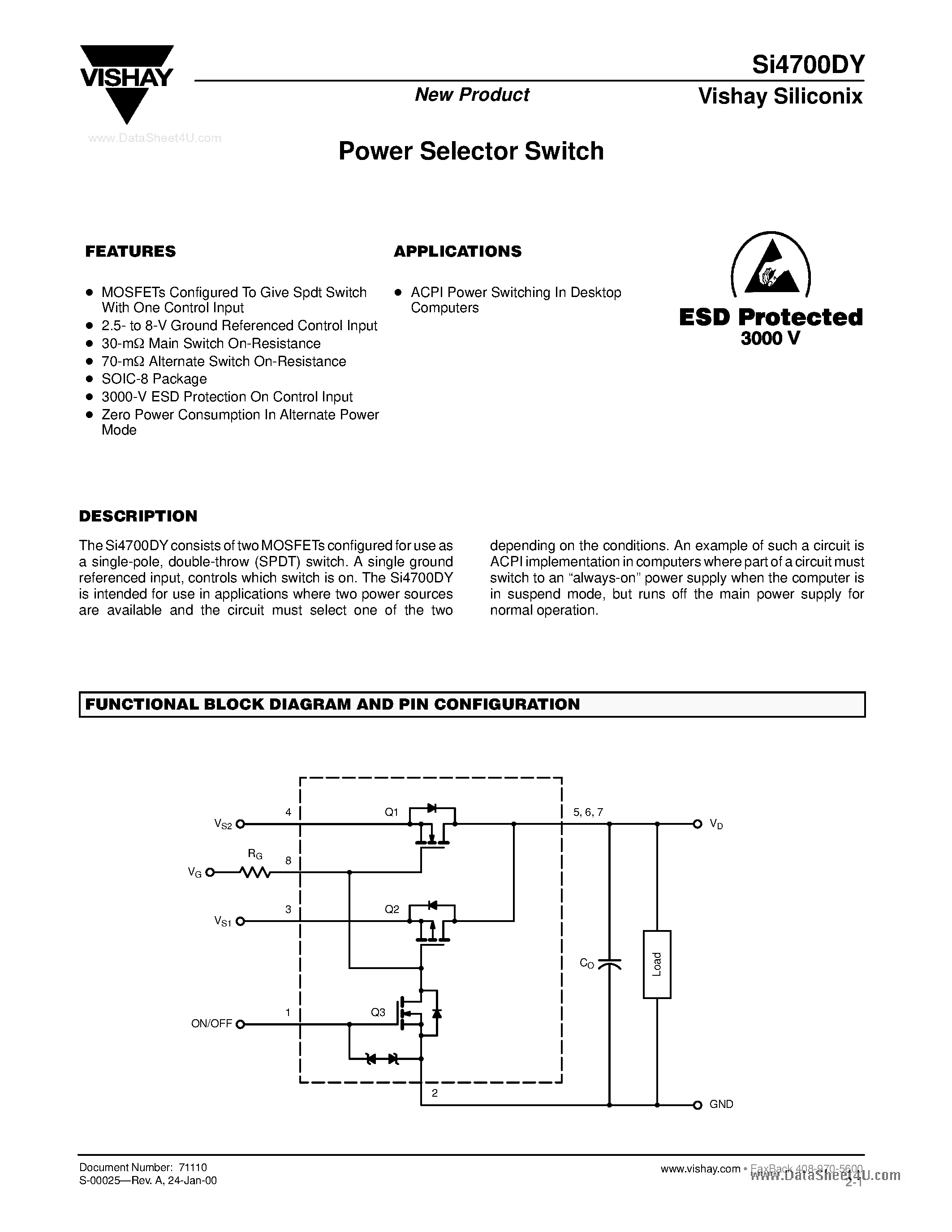 Datasheet SI4700DY page 1 Datasheet SI4700DY - Power Selector Switch page 1